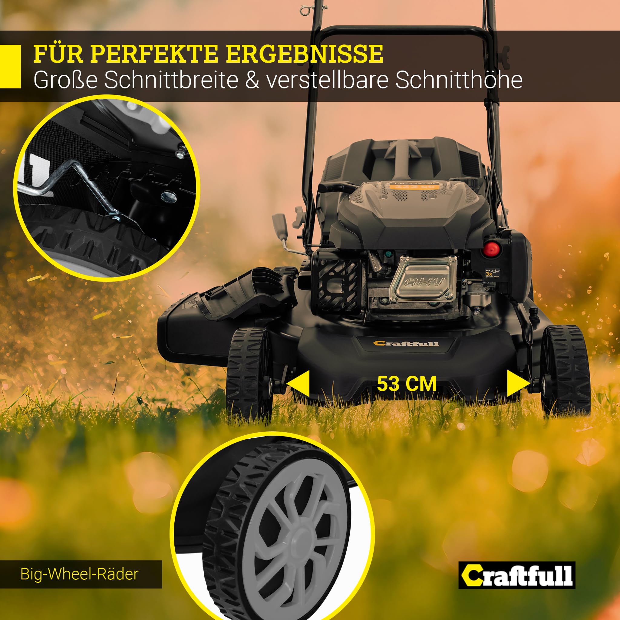 Craftfull Benzin Rasenmäher CR-224-30 | 5,1 KW 7 PS | 223 cm³ OHV Motor | Benzinrasenmäher - Mäher - Selbstfahrantrieb - 53 cm Schnittbreite in 7 Höhenstufen (CR-224-30 5,1 KW 7 PS 223 cm³ Motor Grau)