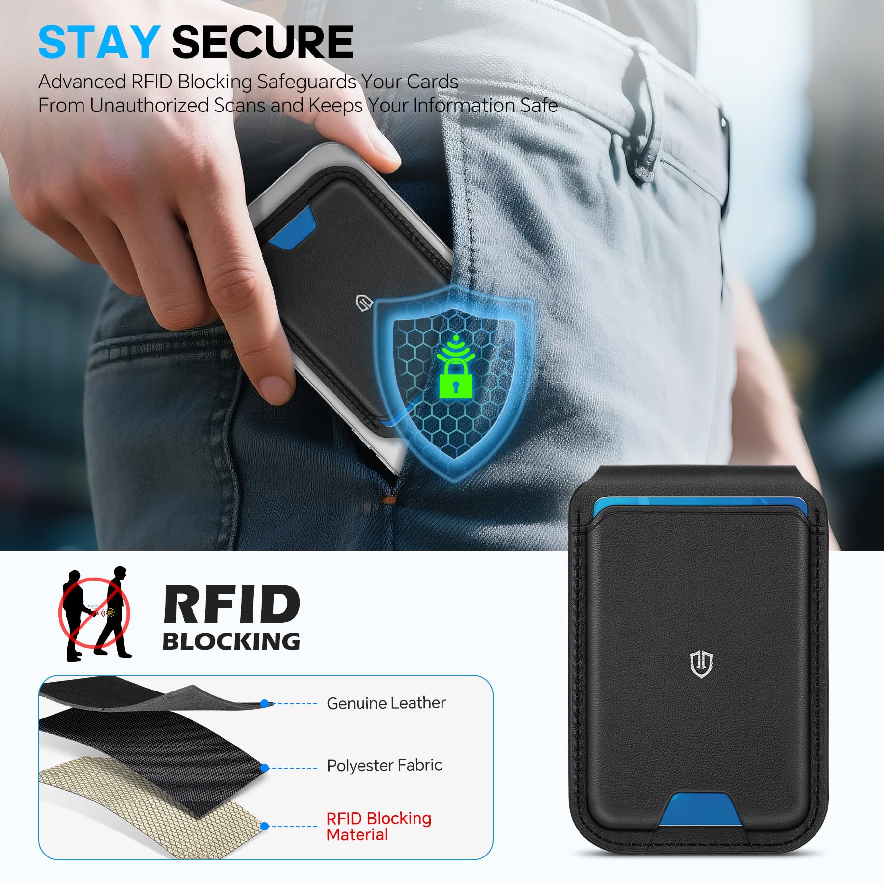 SHIELDON Portafoglio Magnetico per Magsafe, Porta Carte in Vera Pelle [Blocco RFID] [Supporto Regolabile] [Sportello ID] Porta carte Portafoglio per iPhone 17/16/15/14/13/12 Series, No per Mini - Nera