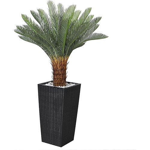 4FT Artificial Cycas Tree, Faux Sago Palm Tree with Planter, Decorative Rocks, Fake Palm Tropical Plant with Authentic Leaves and Trunk for Home Office Patio Porch Decor(Black)