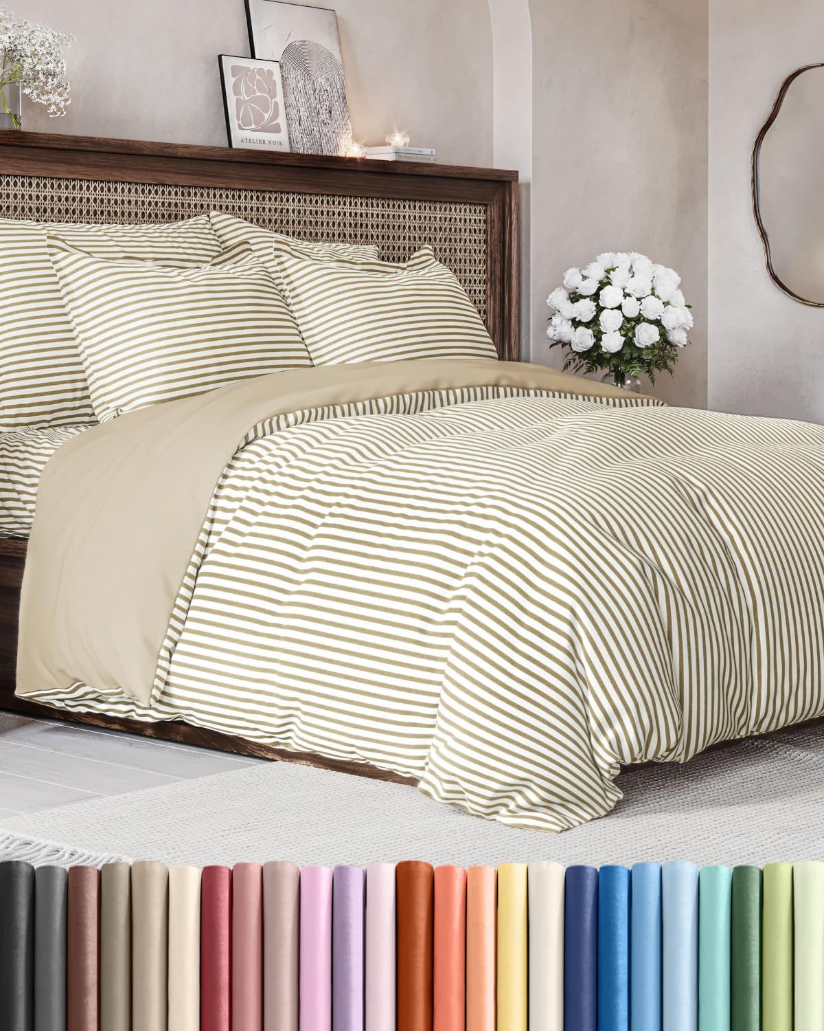 Duvet Cover Full Size - 3 Piece with Zipper Closure - Beige Stripes