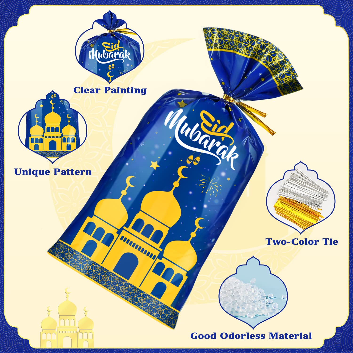 120 Pezzi Ramadan Kareem Sacchetti, Eid Mubarak Sacchetto Regalo Stampato Lanterna Ramadan e Moschea, Islamico Musulmano Addobbi Ramadan Decorazione Cellophane per Biscotti Caramella Cioccolati Pane