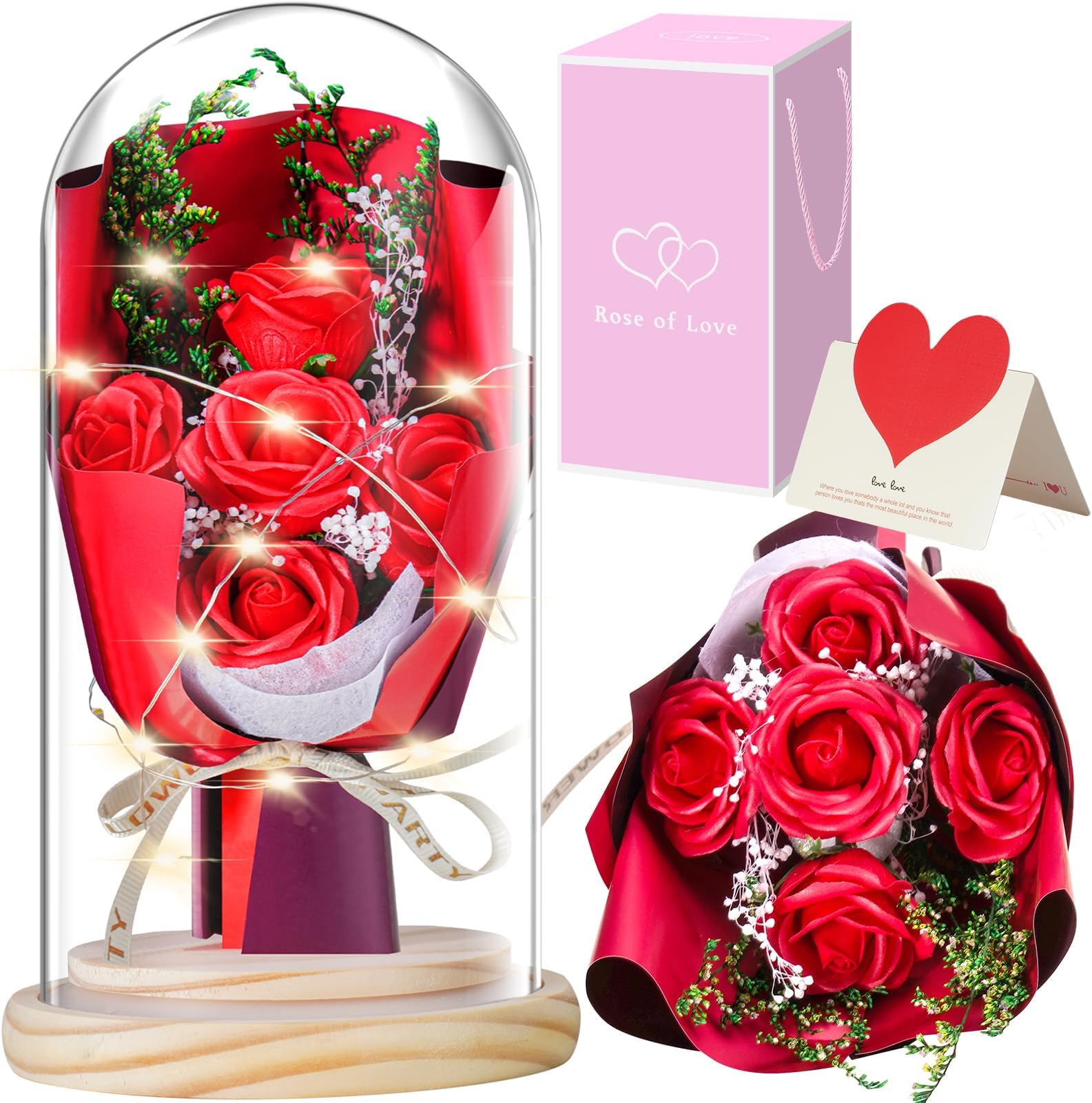 JUNYANG Rose Flowers Gifts for Women, Rose Bouquet in Glass Dome with LED Light, Birthday Gifts for Her, Preserved Rose Gifts for Valentines, Anniversaries, (Rose Red)