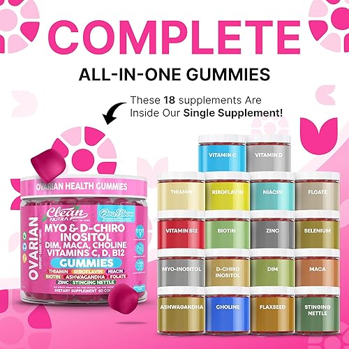 Miniatura 2 de Clean Nutra OvaBloom - Gomitas con Myo Inositol, D-Chiro Inositol, DIM, raíz de maca, colina, vitamina A, D3, B12, suplemento diario todo en uno, 60