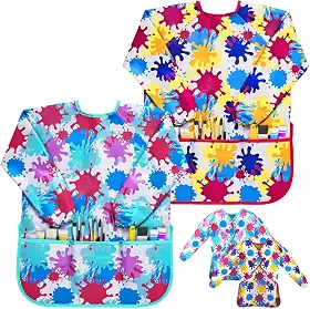 J MARK Avental infantil impermeável para pintura, 2 unidades, manga comprida e 2 bolsos para assar, comer, artes e artesanato
