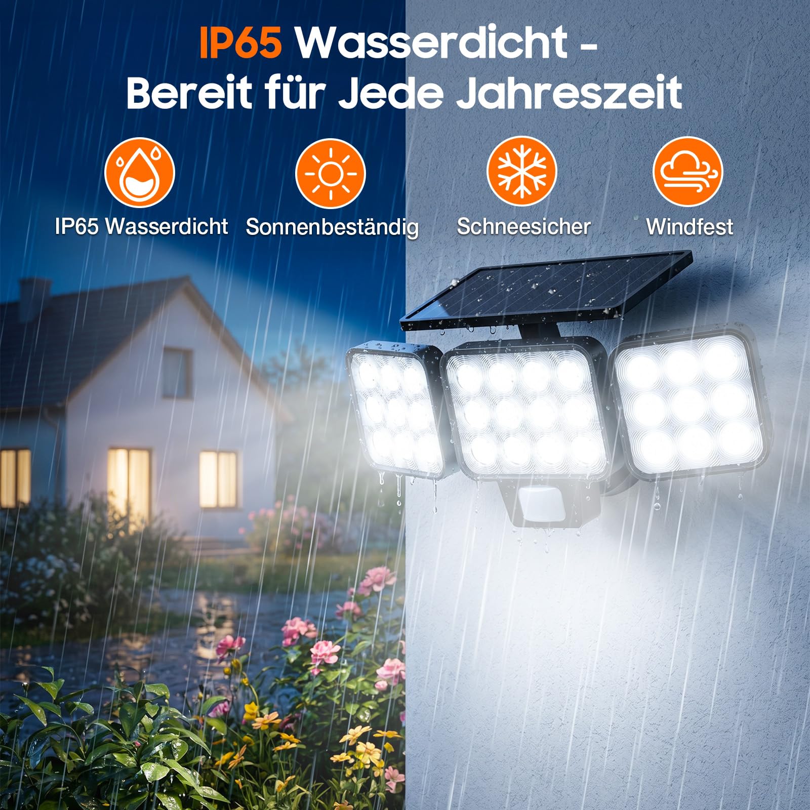 GEARLITE Solarlampen für Außen mit Bewegungsmelder 2 Stück, 4-in-1 LED Superhelle 3500LM Solarleuchte 3 Köpfe, 3 Modi, 270° Weitwinkelbeleuchtung, IP65 Wasserdicht Solar Wandleuchte für Garage Hof