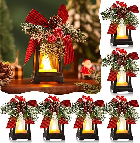Miniatura 1 de 6 faroles decorativos de Navidad con velas LED parpadeantes sin llama para colgar, faroles decorativos con lazo de bayas y batería incluida para
