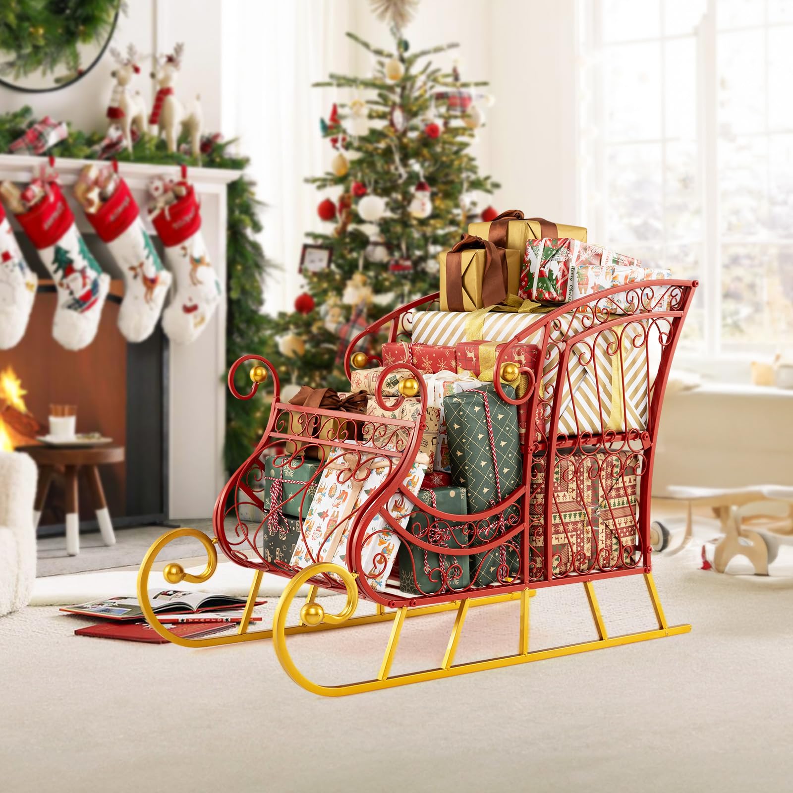 COSTWAY Traîneau de Noël avec Rangement à 2 Niveaux, Decoration Noel Exterieur Interieur, Cadre en Métal, Luge du Père Noël, Décoration de Fête pour Maison Bureau Carnaval, 85 x 42 x 61,5 cm
