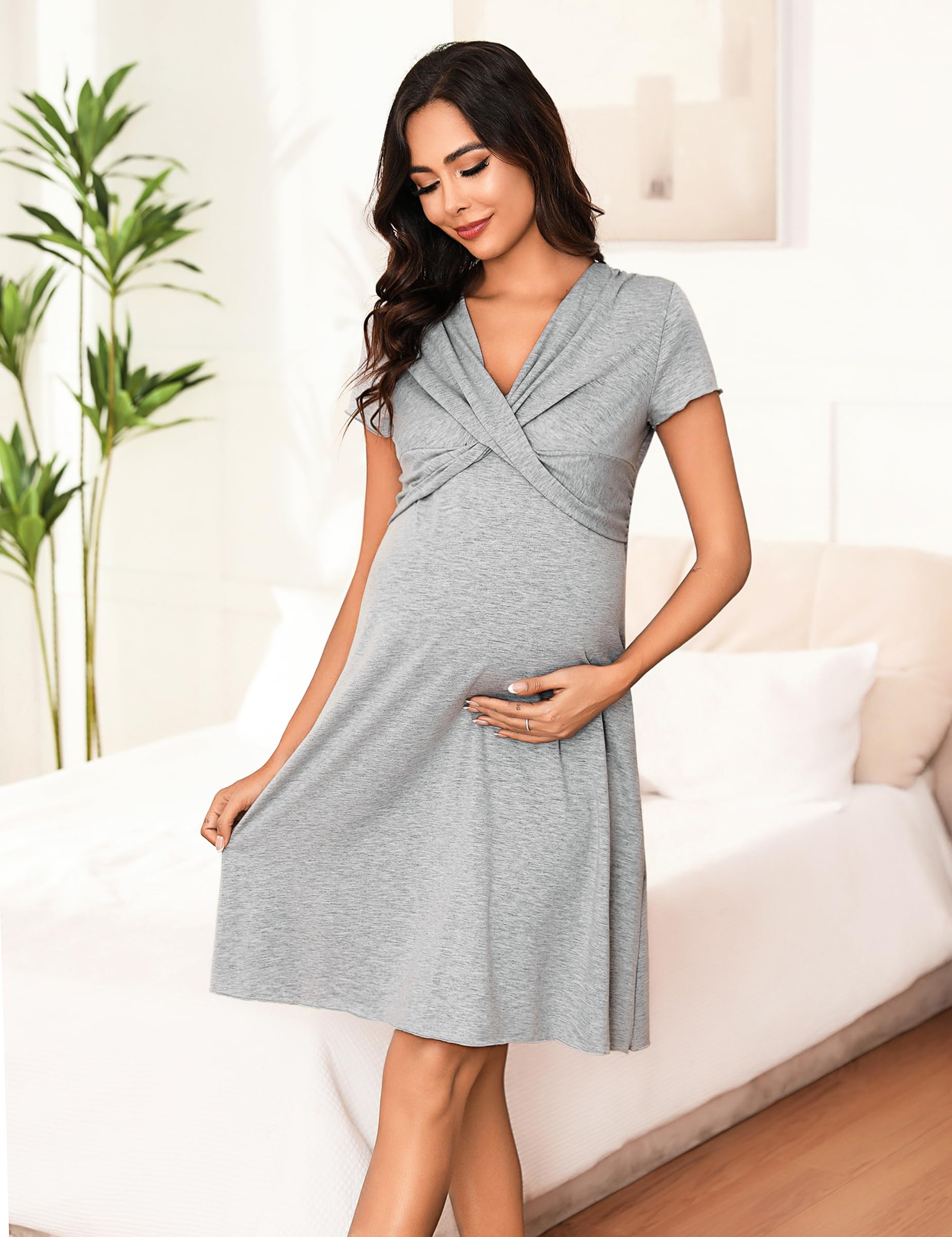 Chemise de Nuit Maternité Femme Coton Robe Patineuse Maternité d'allaitement Robes Vêtements Grossesse Allaitement Pyjama à Manches Courtes - 5