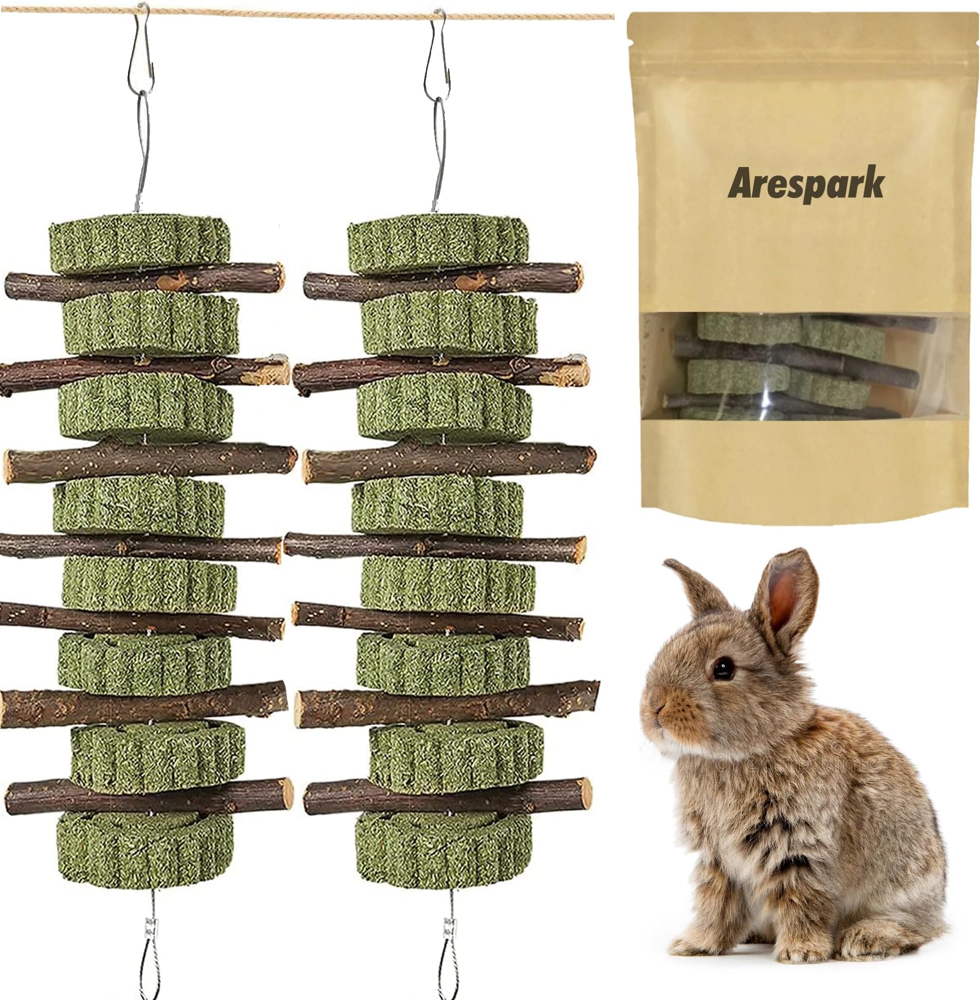 Arespark - Pack2 Rabbit Chew Toys, Organic Rabbit Toys, Apple Wood Branches/Timothy Hay Straw Cakes, Grind Teeth