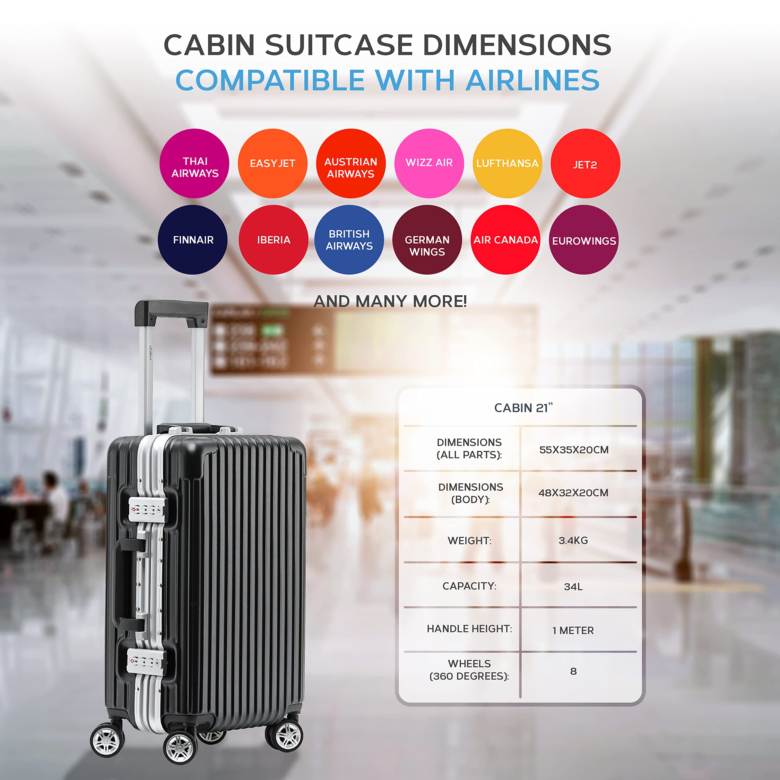 Flight Knight Premium Lightweight Carry On Suitcase - 8 Spinner Wheels - Built-in TSA Lock - Aluminium Frame, ABS Hard Shell Carry on Check in Luggage Highly Durable - Approved for Over 100 Airlines
