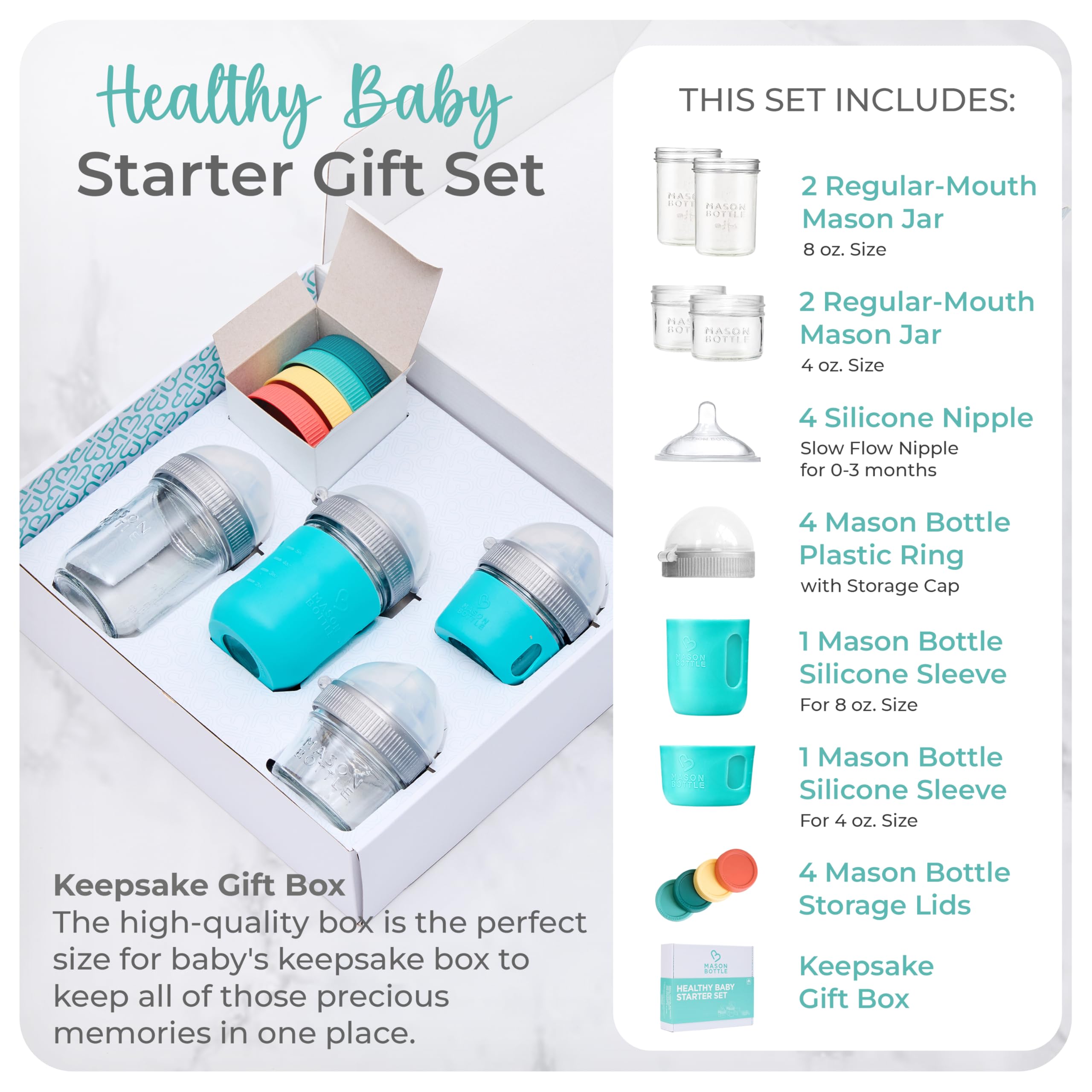 Mason Bottle Baby Glass Bottle & Breastmilk Storage Set – 4-Pack Includes 8oz & 4oz Bottles – BPA-Free, Non-Toxic, Anti-Colic