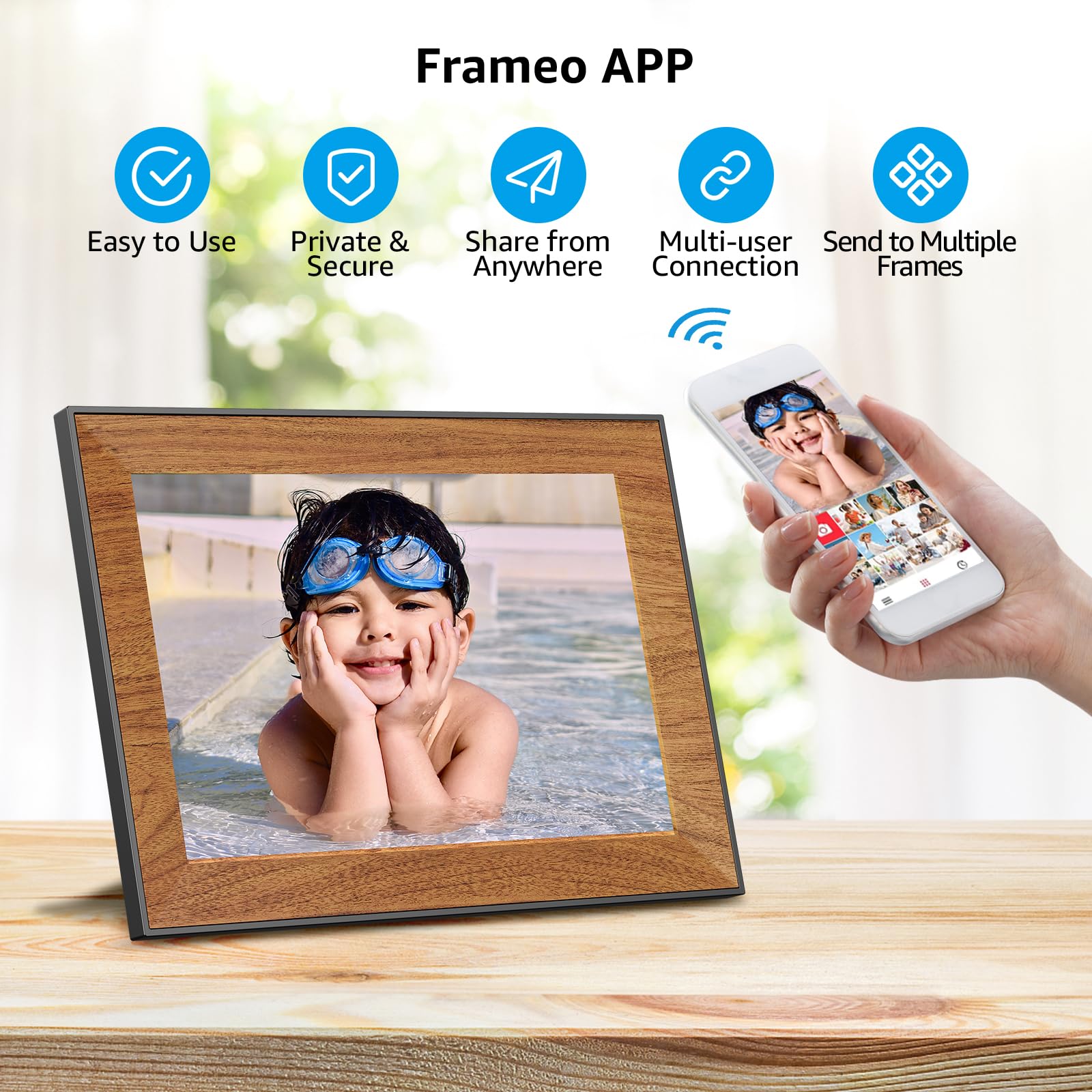 Cadre photo numérique Frameo, cadre photo WiFi avec écran tactile IPS de 10,1 pouces 1280x800, rotation automatique, partagez des photos sur le cadre photo électronique via l'application Frameo