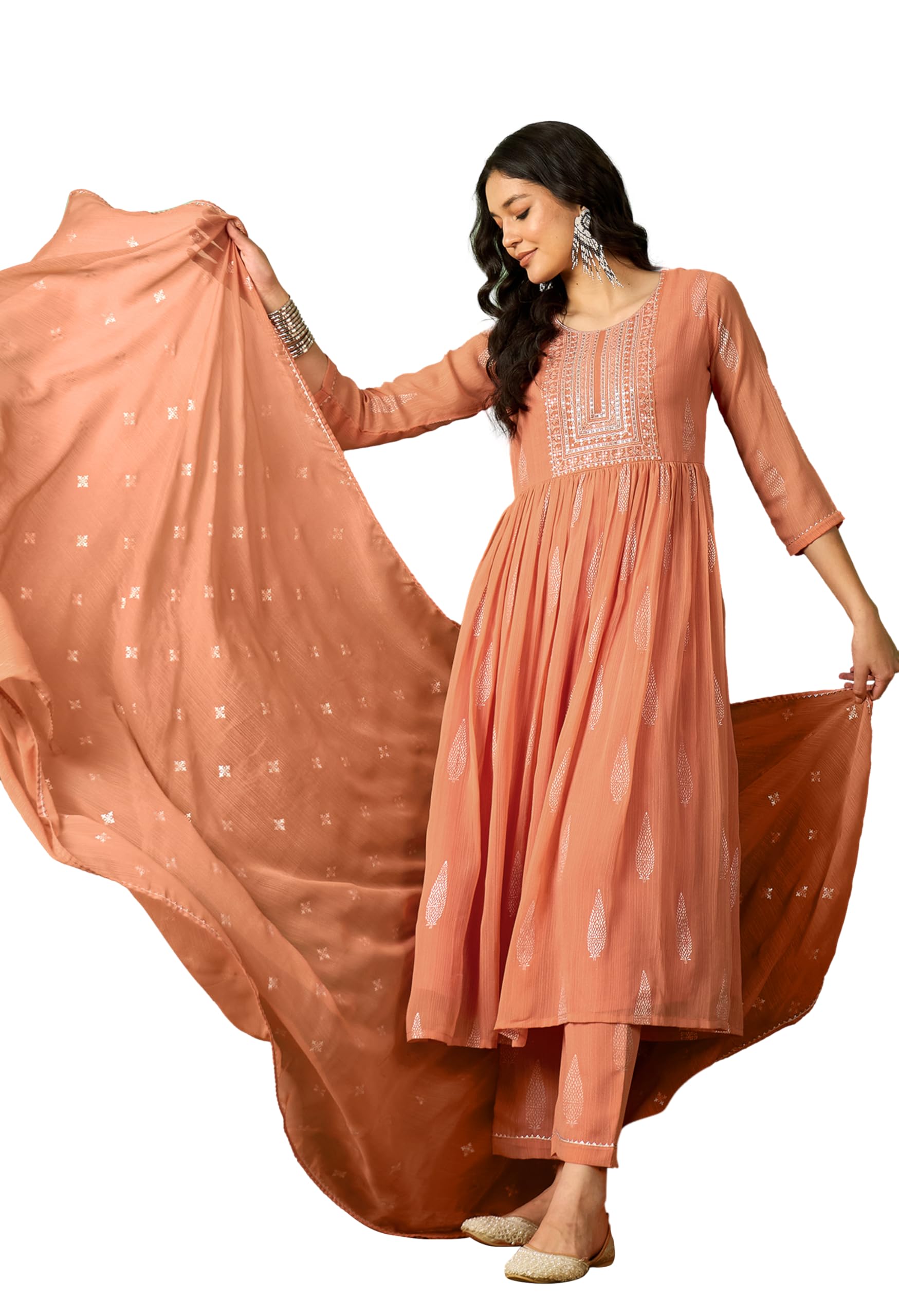 shewill Women's Peach Orange Milky Georgette Zari Sequence Embroidered Pleated Kurta with Pant Style Palazzo and Dupatta |Suit Kurti Kurta Set for Women Ethnic-picture-31