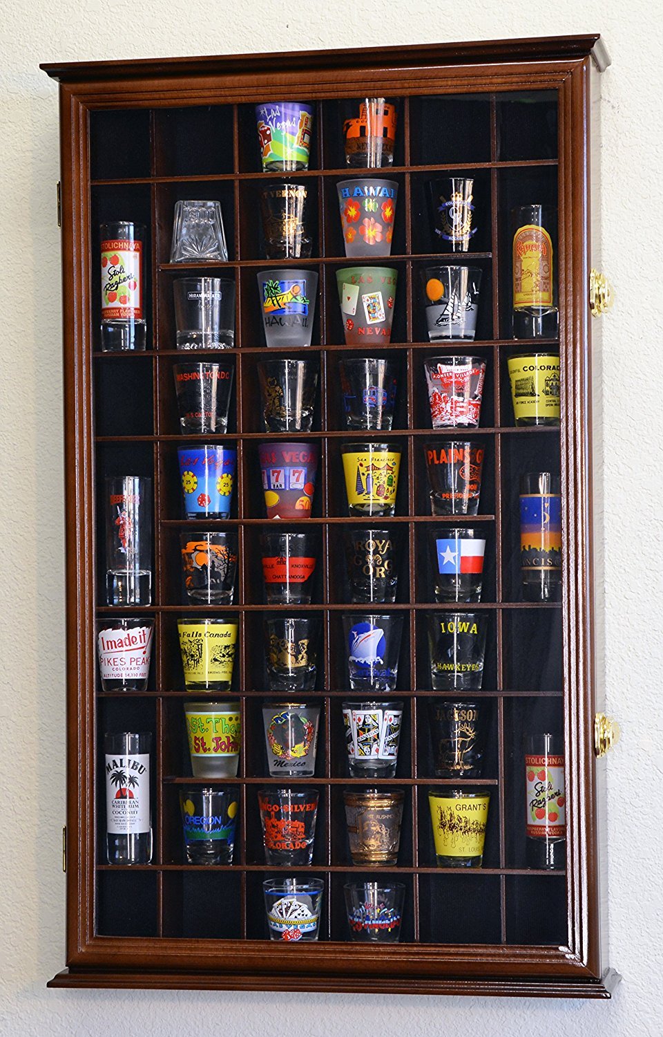 54 Shot Glass Shotglass Shooter Display Case Holder Cabinet Wall Rack w/UV Protection -Walnut