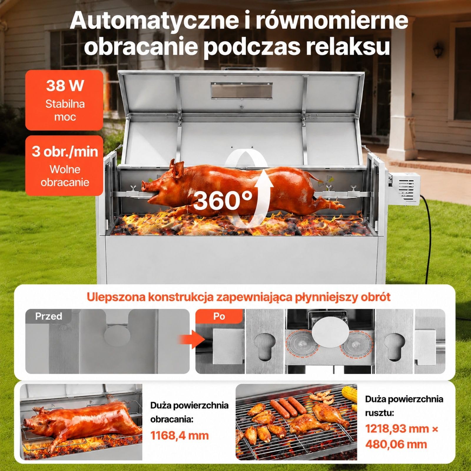 Grill rożenowy na węgiel z kółkami, pokrywą, rożnem ze stali nierdzewnej i regulacją wysokości do jagnięciny oraz prosiąt na zewnątrz