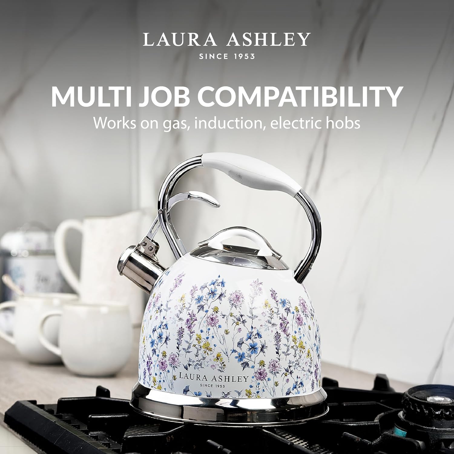 VQ Laura Ashley Wild Meadow 2.5L Stainless Steel Tea Kettle Stovetop Whistling Teapot for Induction, Gas Hob or others. Silicon Coated Cool Handle & Push Button Mechanism Vintage Stove Top Kettle