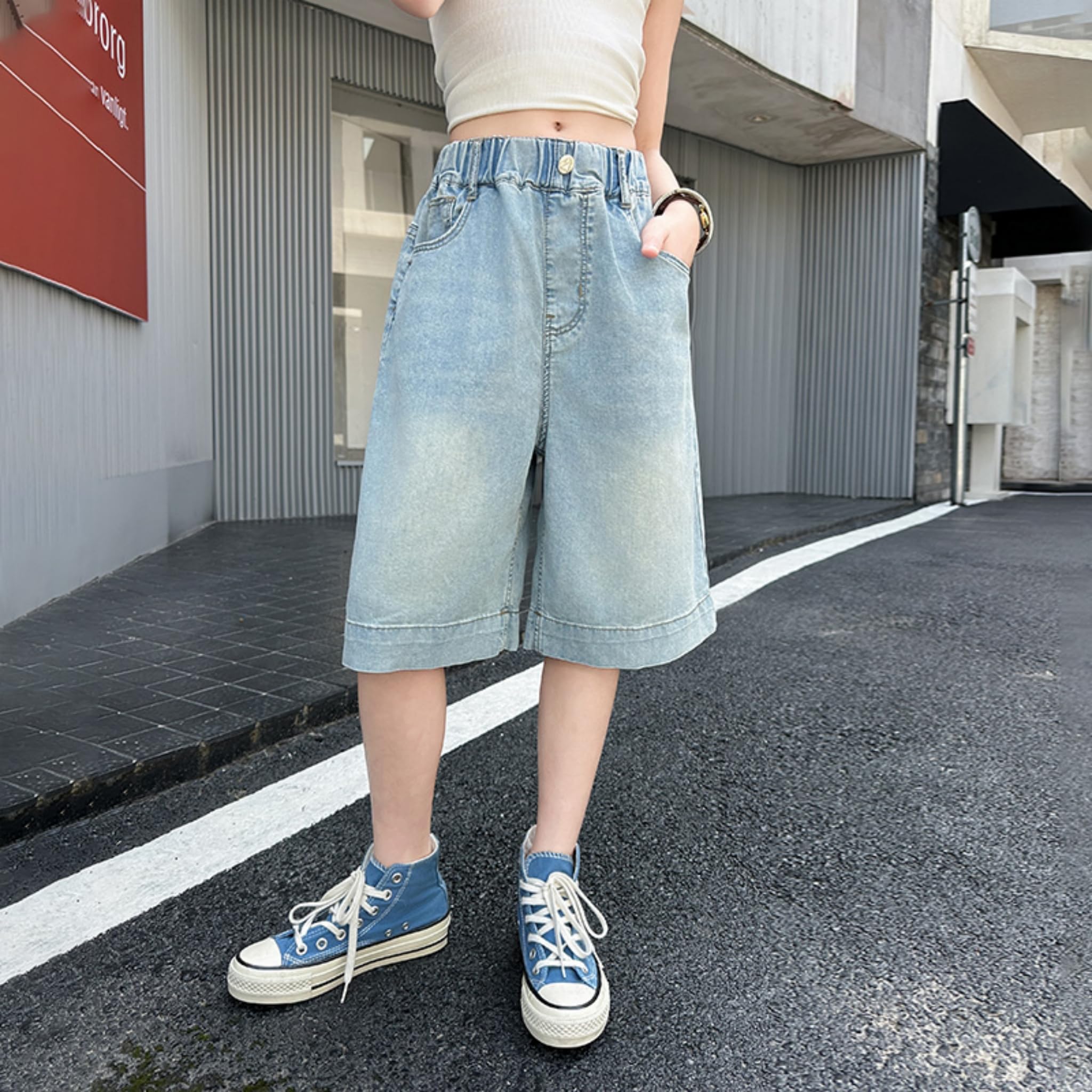 Rolanko Short en Jean pour Filles, Taille Élastique Bermudas Jambes Larges Shorts D'été pour Ado Enfant