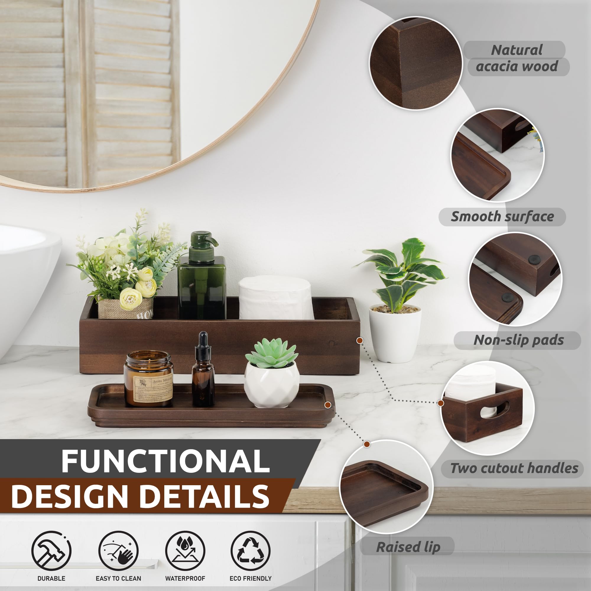 Acacia Wood Bathroom Tray Set - Elegant Decor -3