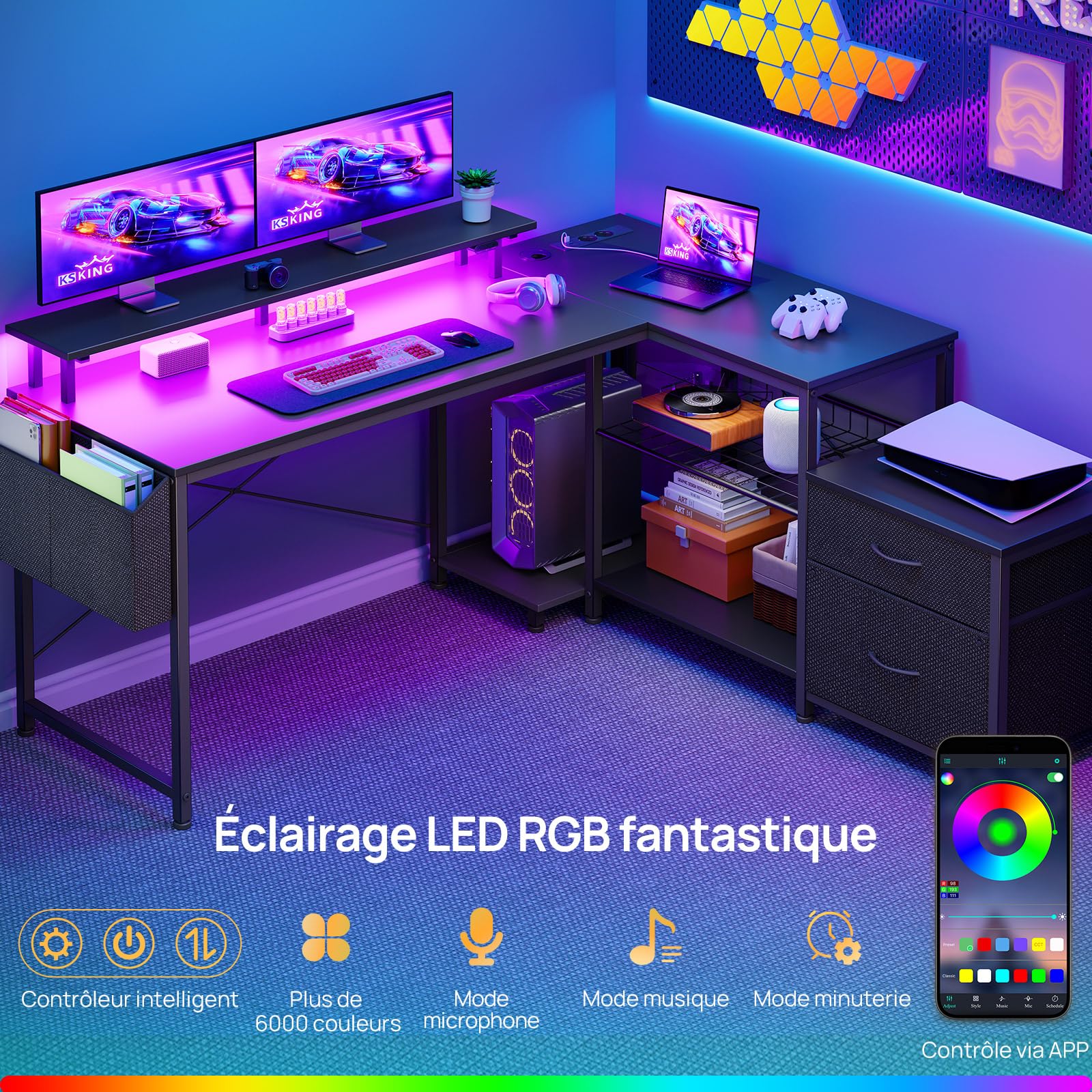 Seventable Bureau en L d'angle avec LED, Grand Bureau Gaming/Réversible avec 2 Prises, 2 Ports USB & 1 Type-C, 2 Tiroirs et Support d'Écran, Poste de Travail à Domicile 135 x 125 cm (Noir)