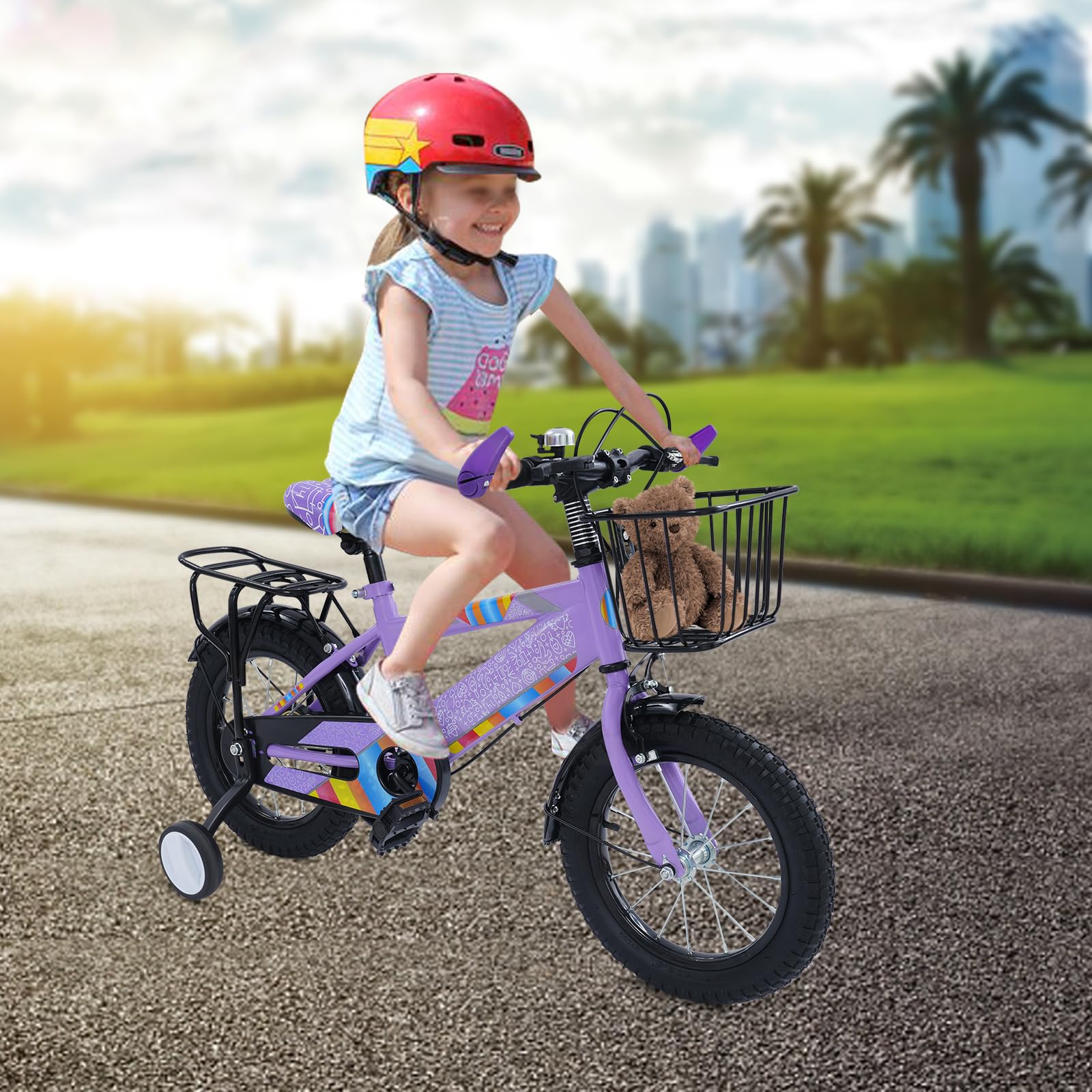 Bicicleta infantil de 14 pulgadas, con asiento trasero, bicicleta para niños con cesta y ruedas estabilizadoras con sistema de frenado dual para niños y niñas, a partir de 3 años, altura
