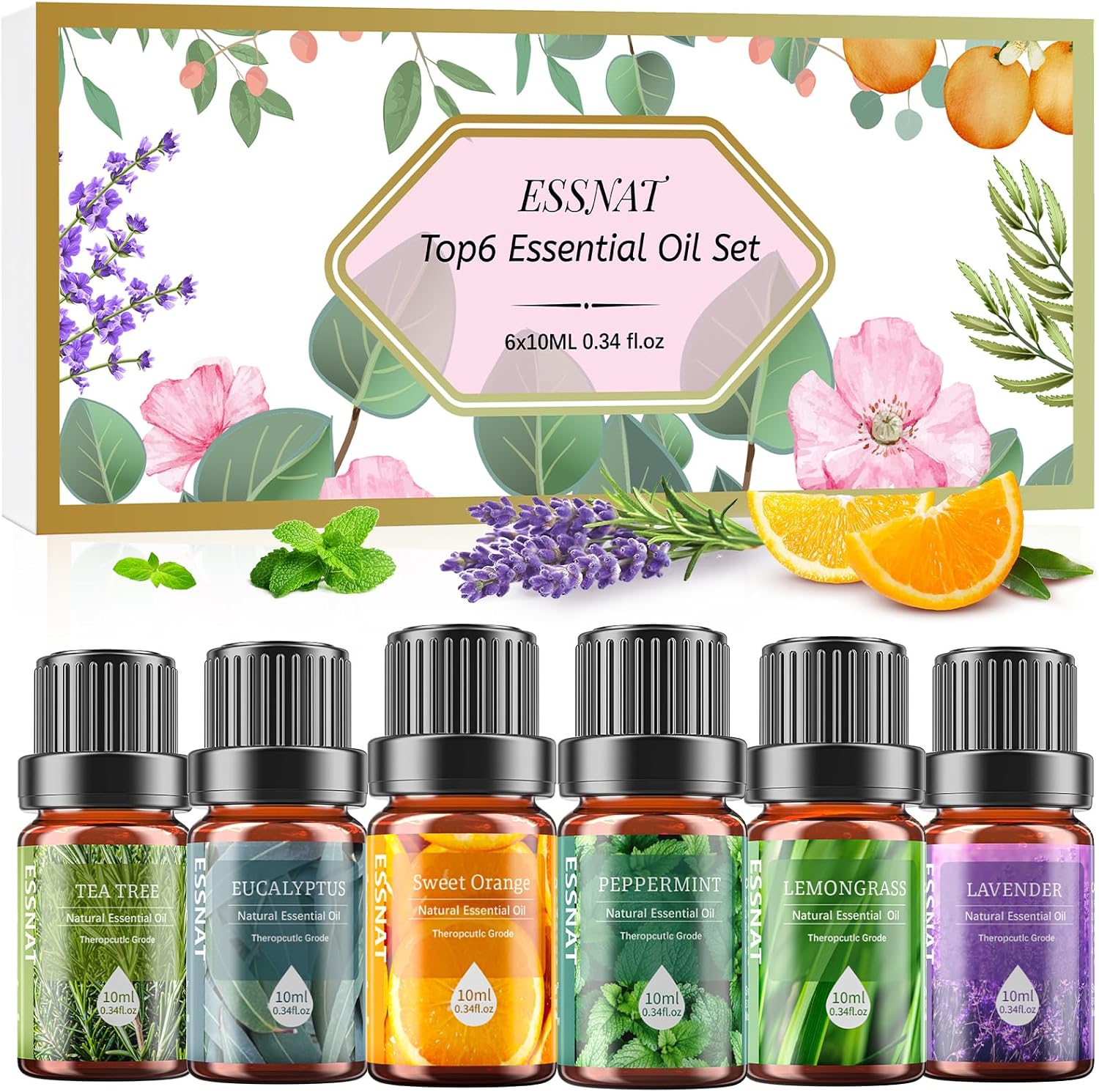 Olejki Eteryczne 6x10ml Zestaw do Dyfuzora, Naturalne Aromaterapia, Lawenda Eukaliptus Drzewo Herbaciane Mięta Pomarańcza Trawa Cytrynowa, Relaks Spa Dom Prezent
