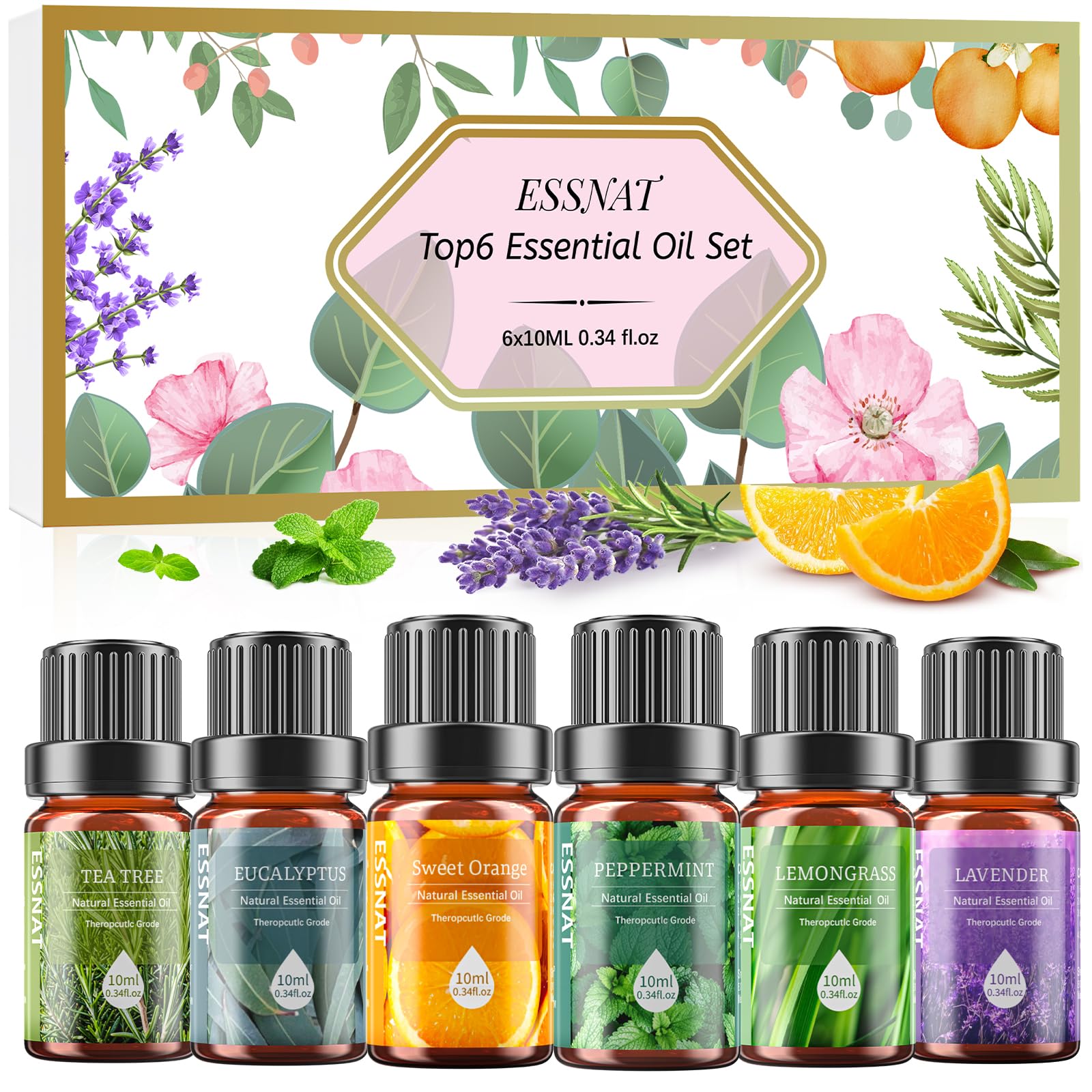 Oli Essenziali Set per Diffusore 6x10ML, Oli Essenziali Naturali per Aromaterapia,SPA – Lavanda,Menta Piperita,Eucalipto,Arancia Dolce,Tea Tree,Lemongrass – Oli Essenziali per Diffusori Casa