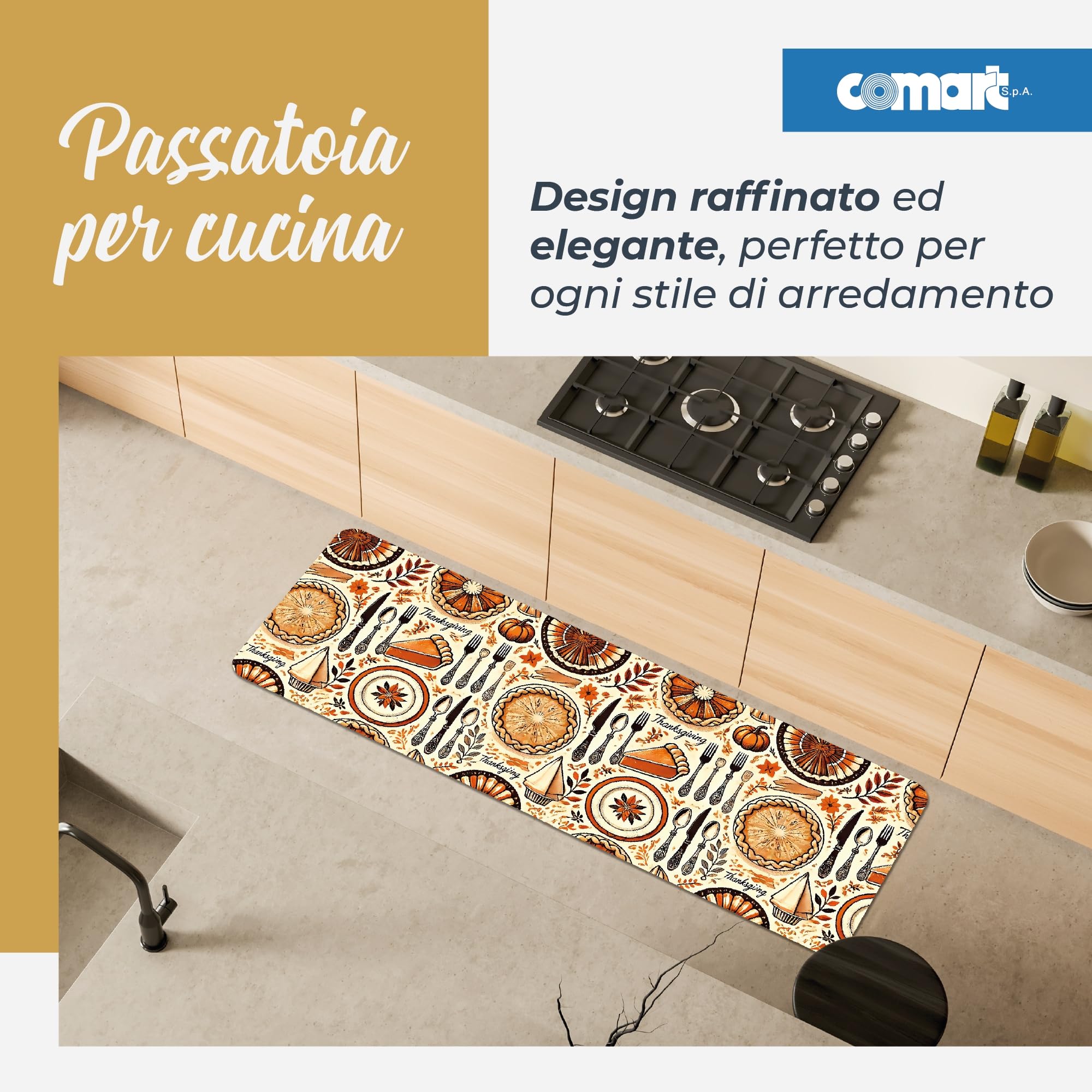Comart - Tapis Cuisine Austin - Imperméable - 50x170 - Thanksgiving