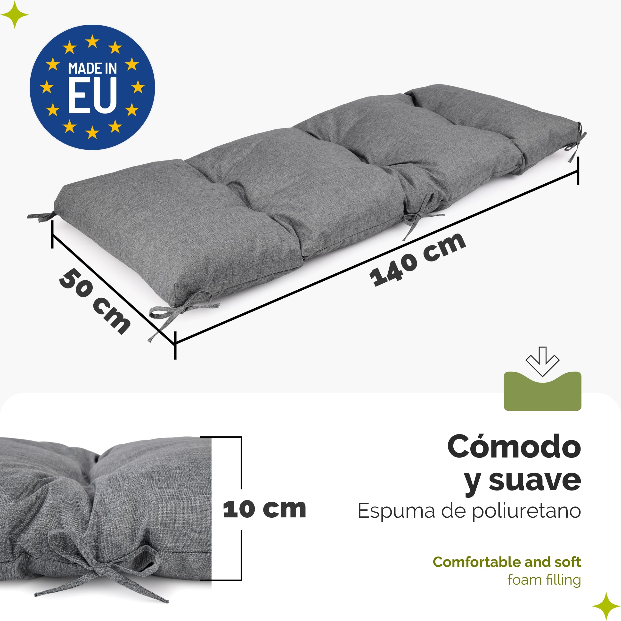 Garronda Cojín Impermeable para Banco 140x50 cm Aprox 10 cm Grosor Asiento Exterior para Banco de jardín y Columpio Acolchado Resistente UV con Cintas Grafito GD-0219