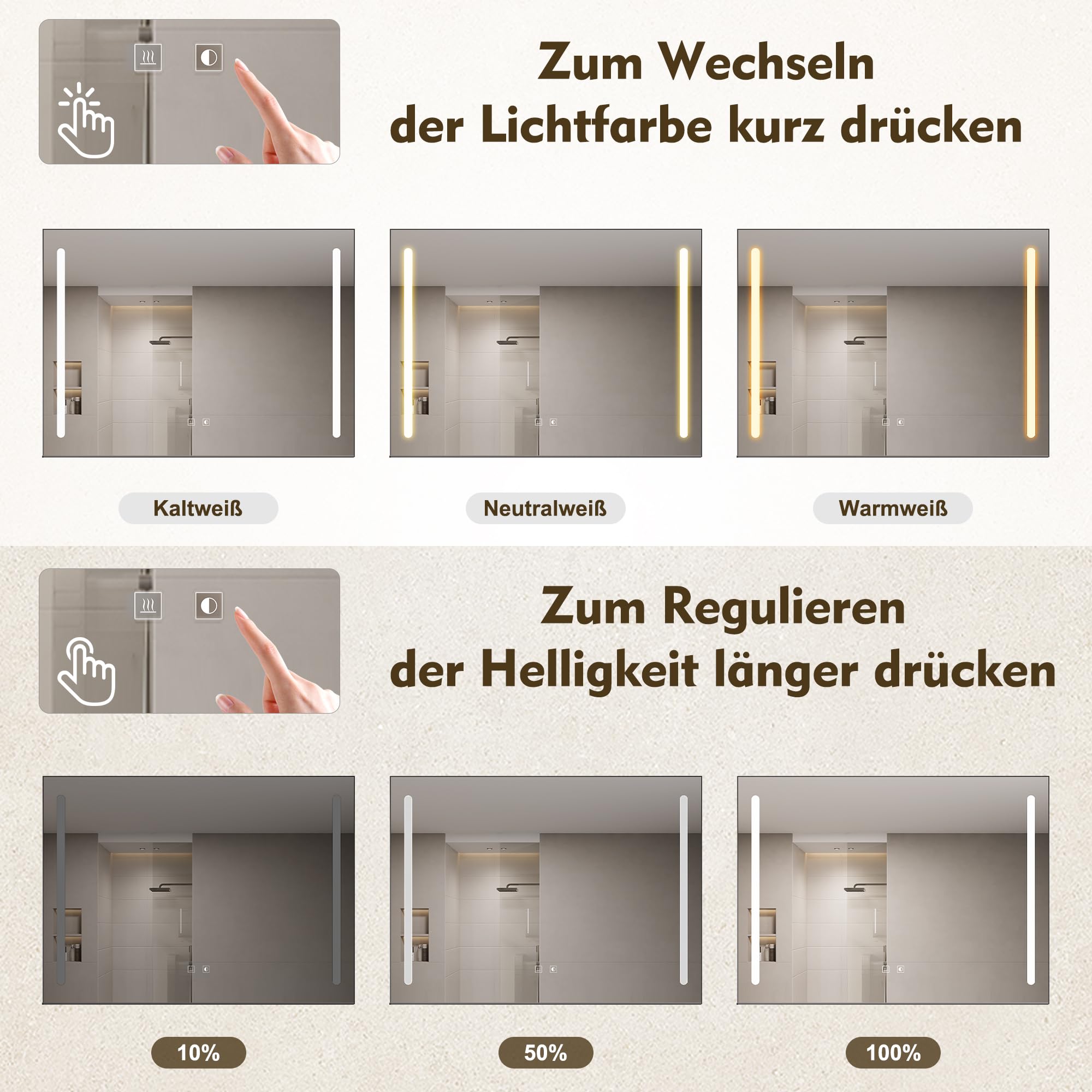 Sonni Espejo de baño con luces de 80 x 60 cm, espejo LED de baño con espacio de almacenamiento de 80 cm, 3 colores de luz ajustables, espejo de pared sin niebla con interruptor táctil