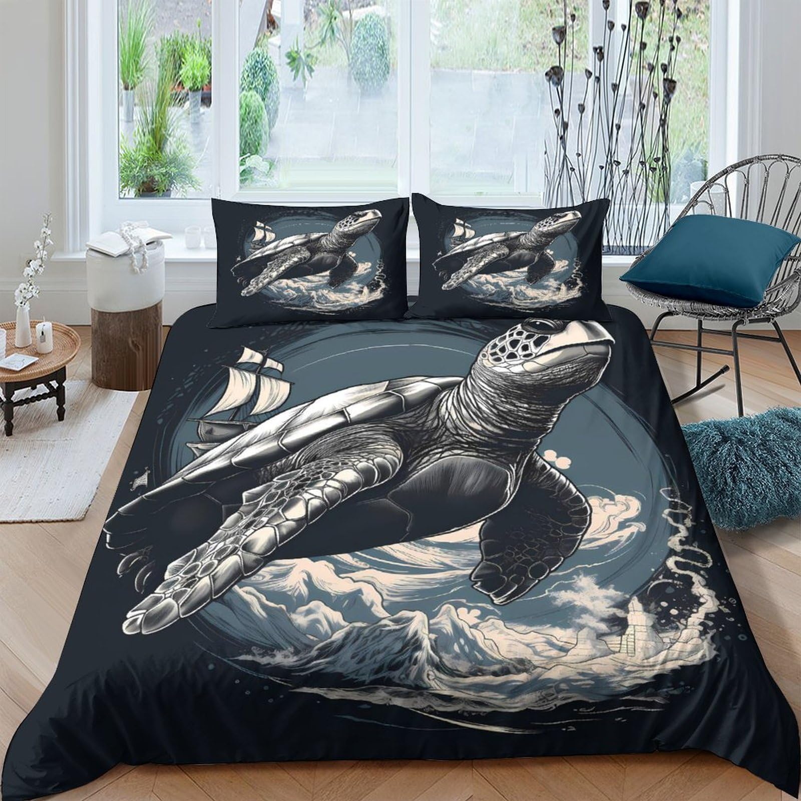 Ctjqhvkz Style-3 3D Printed Sea Turtle Fitted Sheet Microfiber Soft Breathable Ocean Wave Bed Cover For Bedroom Dorm Decor Single（135X200cm）
