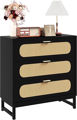 Miniatura 8 de Cómoda de 3 cajones, cómoda moderna de ratán con 6 cajones, armario de almacenamiento moderno, mesita de noche, asas doradas para sala de estar,