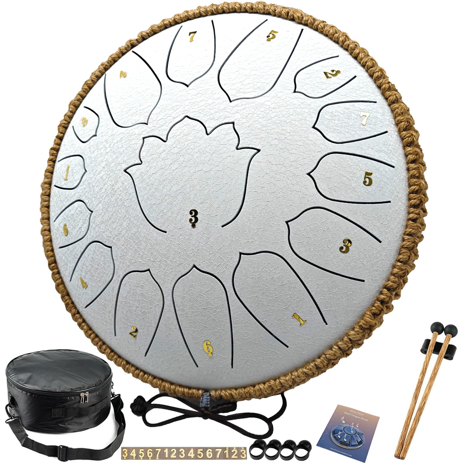 Photo 1 of BETESINE 13-Inch 15-Note Steel Tongue Drum in C Major, Beginner-Friendly Meditation Drum with Mallets, Music Book, Finger Picks, Carry Bag & Note Stickers, Angel White