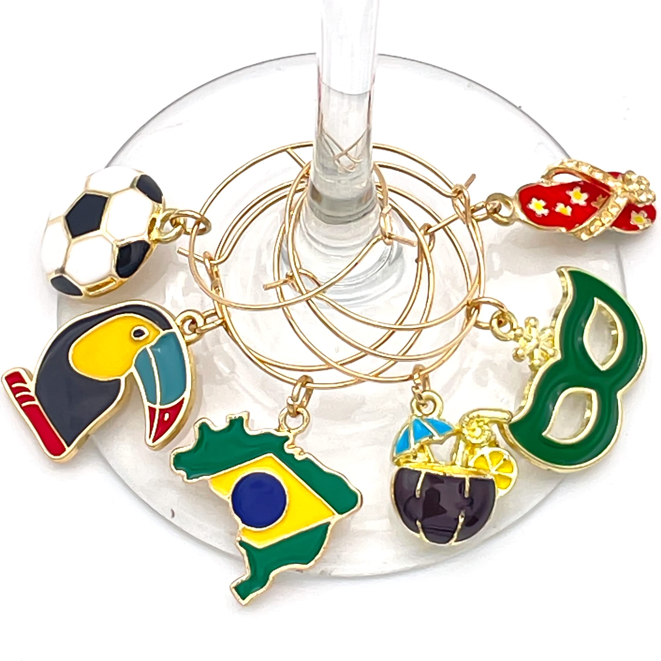 Serendipity Brazil Wine Glass Charms, Brazil World Cup Decoration, Gift for Brazilians, Country Flag, Soccer, Rio Carnival, Beach and Toucan