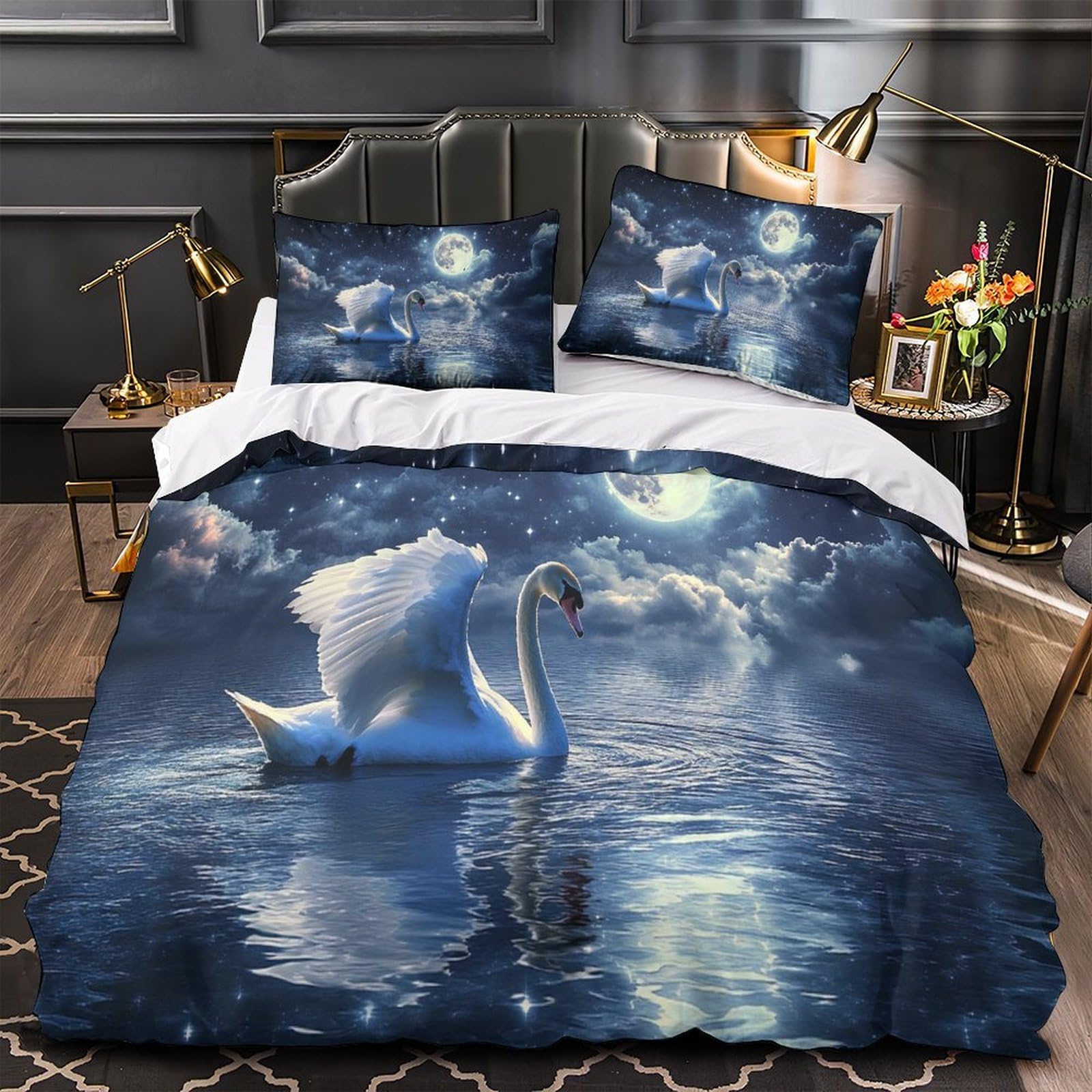 Chiaro di luna del cigno Impressione 3D 3 pz fodera per edredone Scena di fantasia notturna coperteletto microfibra morbida traspirante per ragazzi bambini adulti Super king（260x220cm）