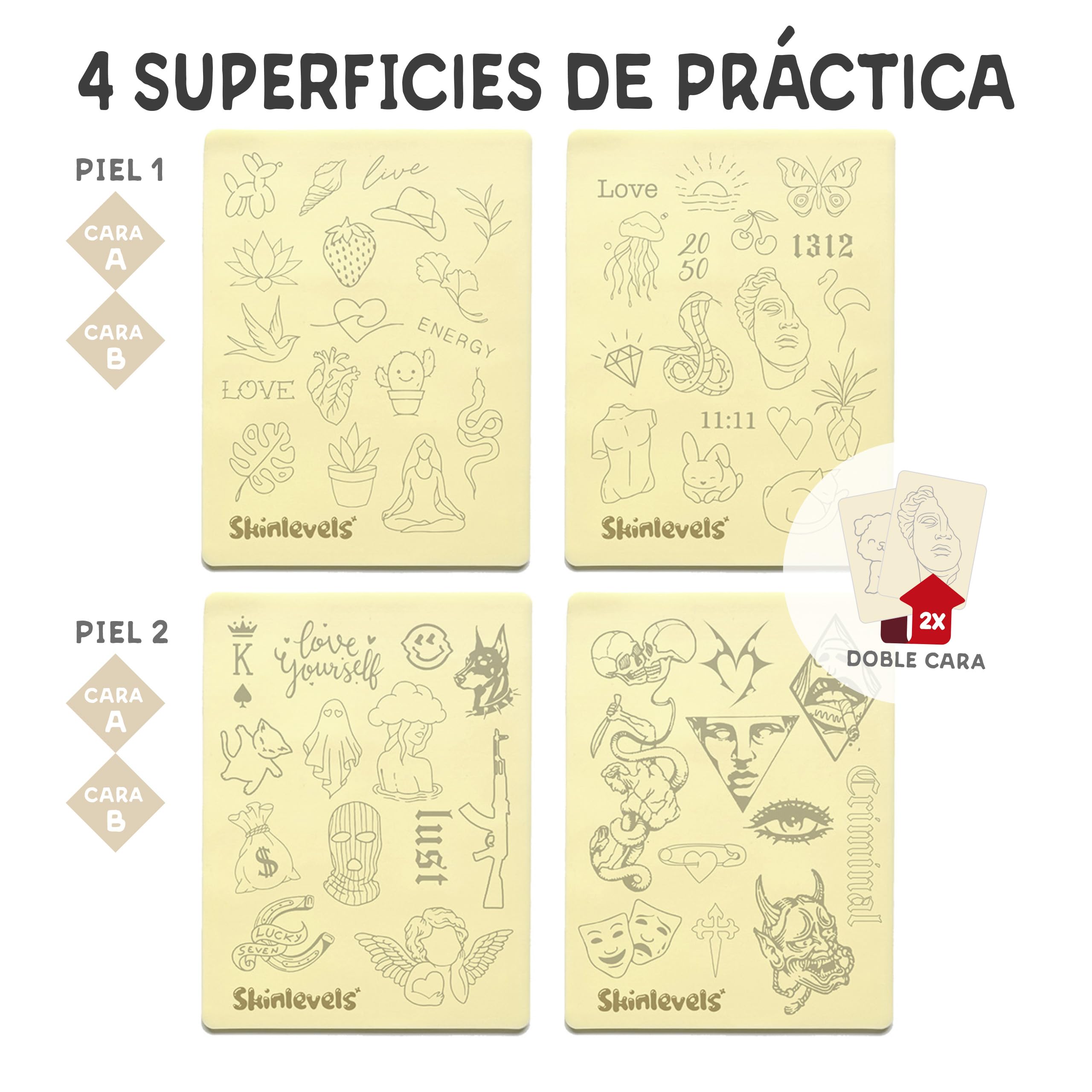 Pieles Sintéticas de Práctica para Tatuaje con Diseños Preimpresos – Pack Ignorant & Chiqui Tattoo – 4 Superficies Doble Cara 3mm – 20x15 cm – Sin Stencil – Practica Directamente