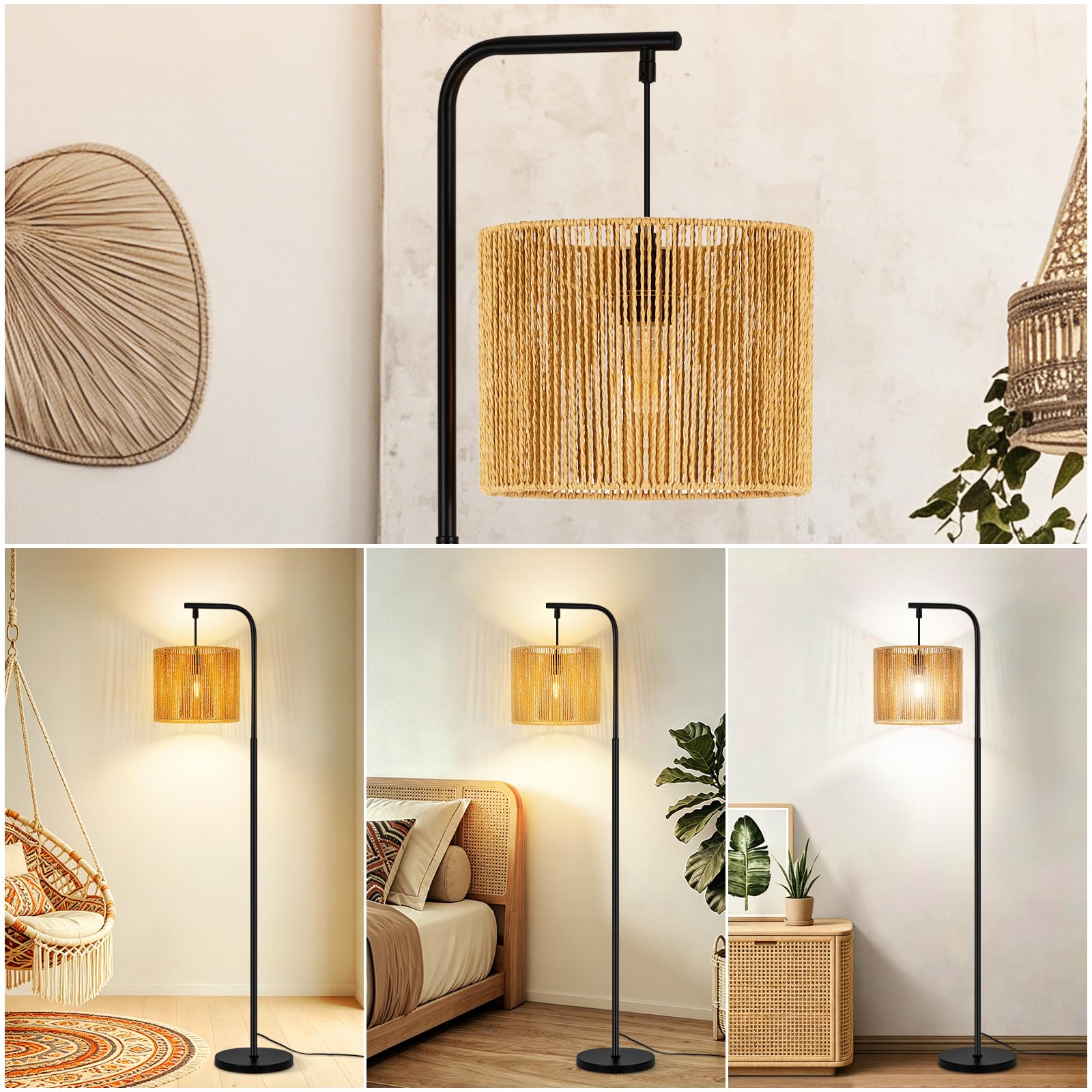 Stehlampe Rattan Boho Stehleuchte Stehlampe Wohnzimmer E27 | Standleuchte Vintage 1 Flammig 164cm Standlampe Schwarz Fußschalter Für Schlafzimmer Terrasse Büro