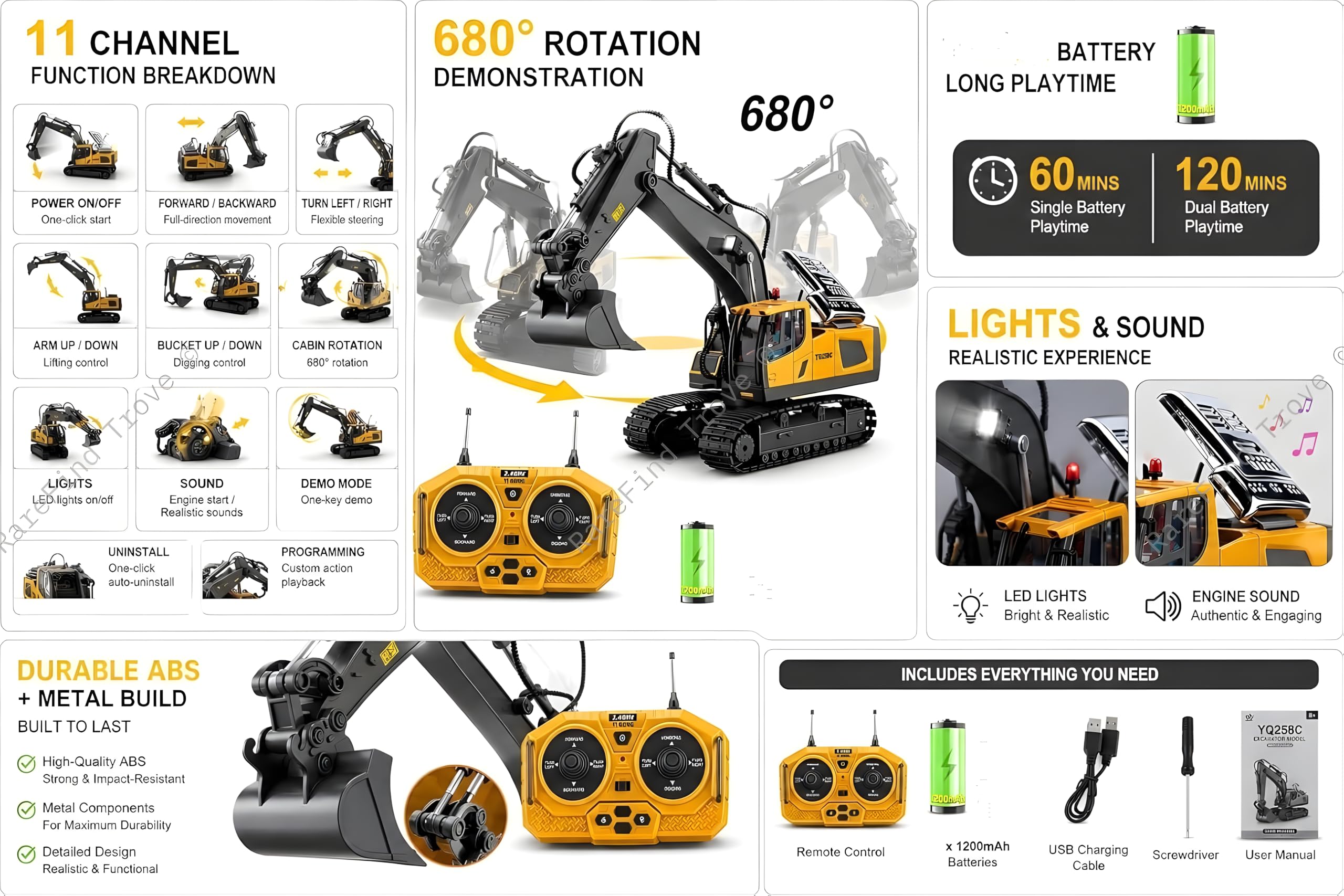 RareFind trove RC JCB Toy Excavator for Kids – 1:20 11-Channel Metal Remote Control Construction Vehicle with Lights, Sounds & 680° Rotation Yellow Digger Truck (Ages 6–12) 3