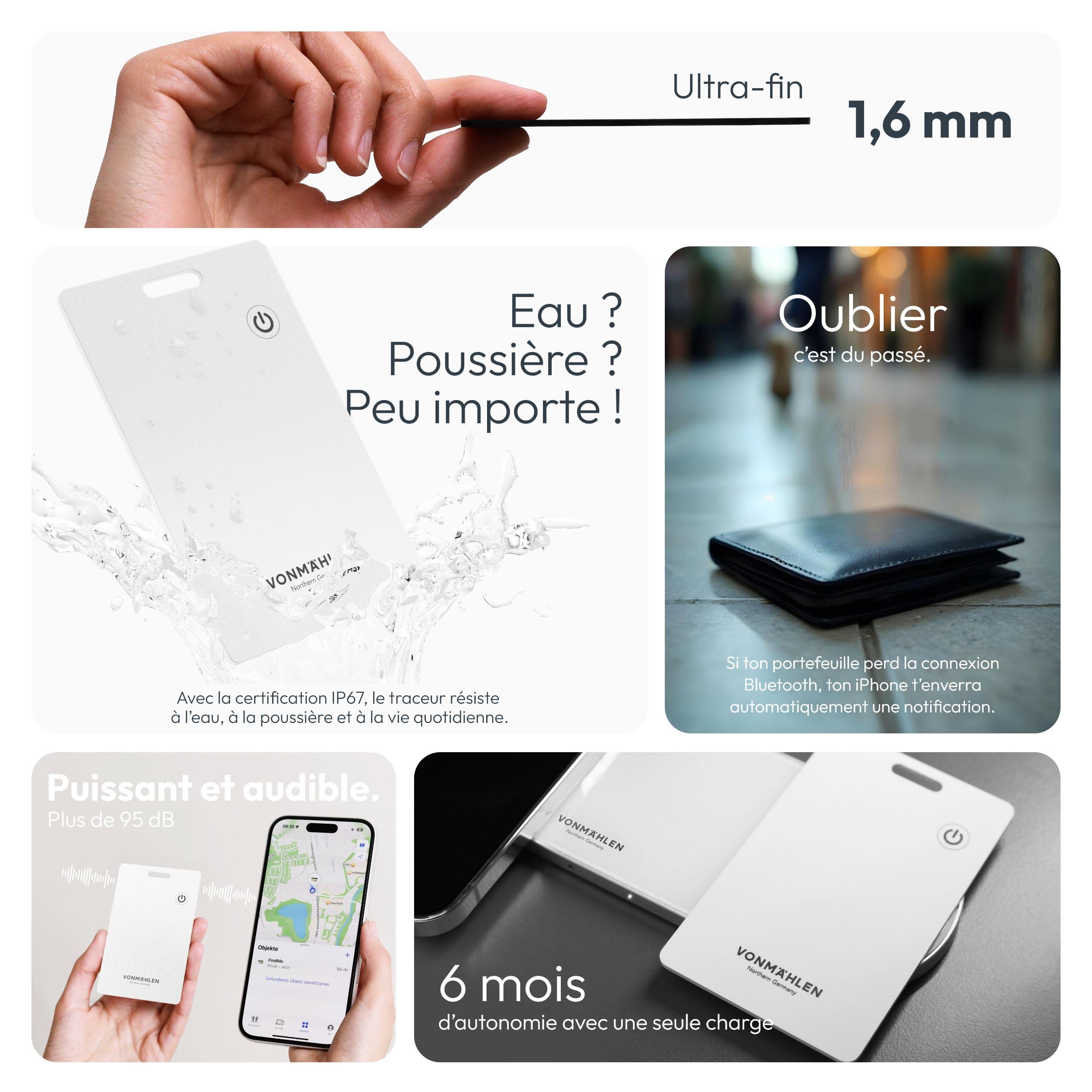 Vonmählen FindMe - Localisateur Bluetooth Ultra-Fin, Compatible avec Le réseau FindMy Apple, Recharge sans Fil, résistant à l'eau IP67 - Blanc