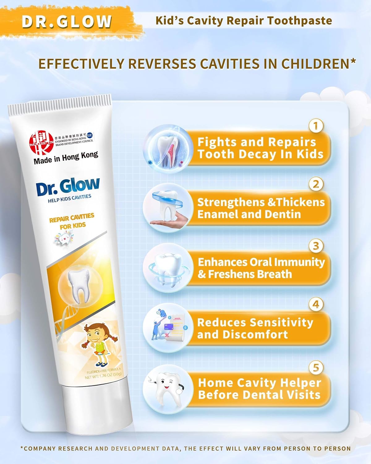 Dr. Glow Kids Toothpaste Cavity Repair Toothpaste, Hydroxyapatite Toothpaste Fluoride Free, Tooth Repair Remineralizing Toddler Toothpaste, Kids Enamel Repair Tooth Decay Treatment Fruit Flavor 1.76oz
