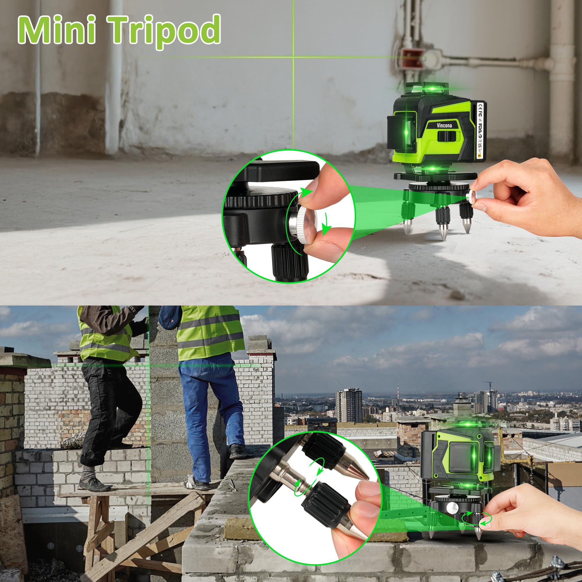 Vincona Niveau à bulle Laser 4 x 360 °, Laser à lignes croisées vert 16 lignes lasers de nivellement autonivelant, laser de ligne avec 2 x batteries