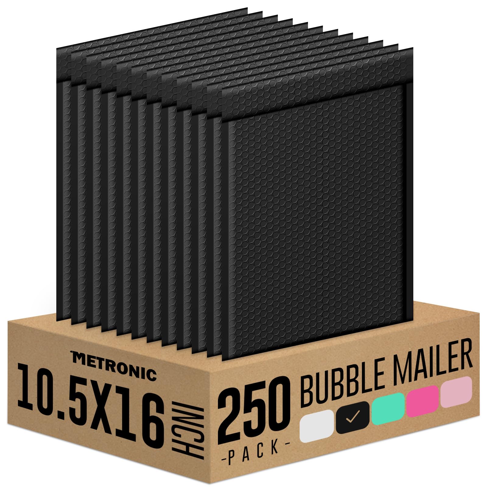 Metronic Large Bubble Mailers 10.5x16 Inch 250 Pack Black Padded Envelopes