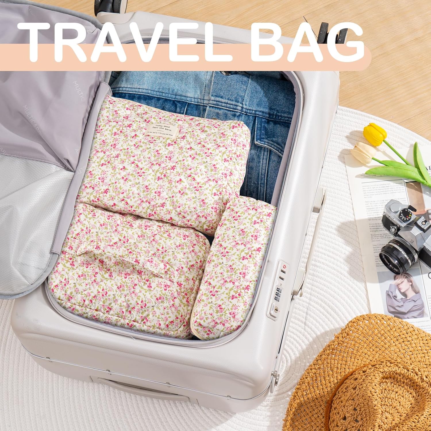 Makeup Bag for Women 3PCS Quilted Cotton Make Up Bag Travel Cosmetic Bag Large Makeup Bag Set Cute Makeups Organizer Floral Toiletry Pouch for Purse, Spring Meadow - Image 6