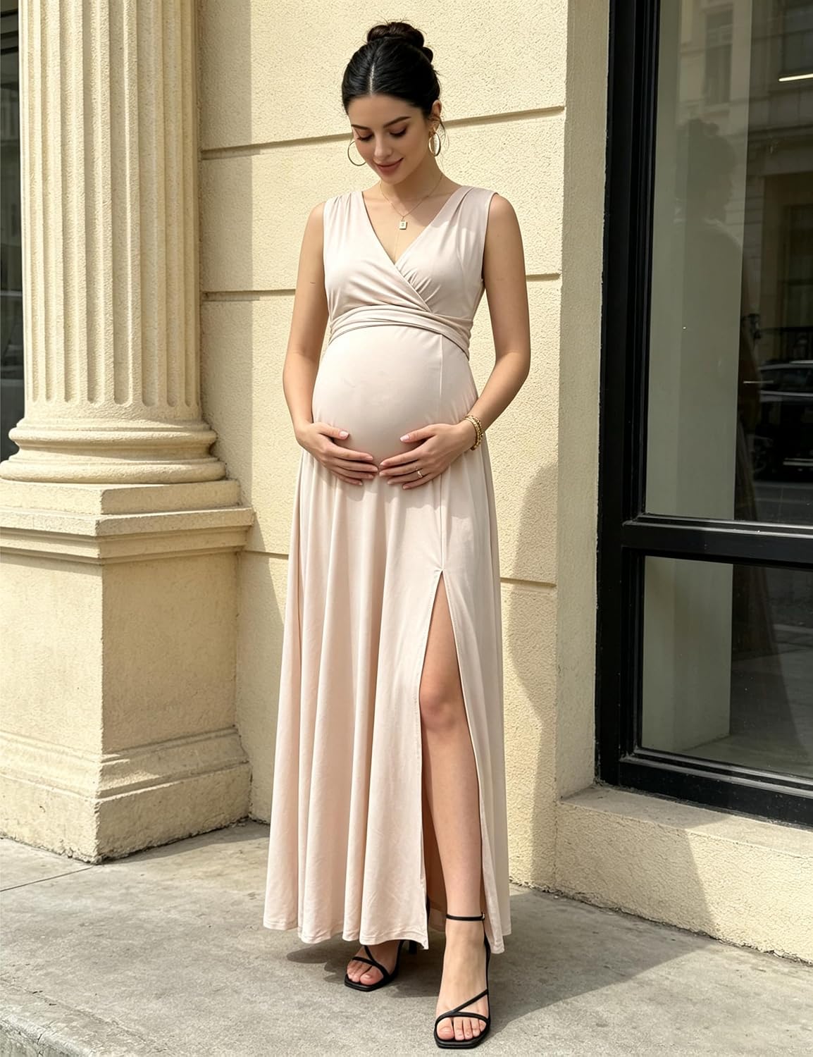 Maternity Maxi Dress Sleeveless V Neck Wrap High Slit Shower Gown