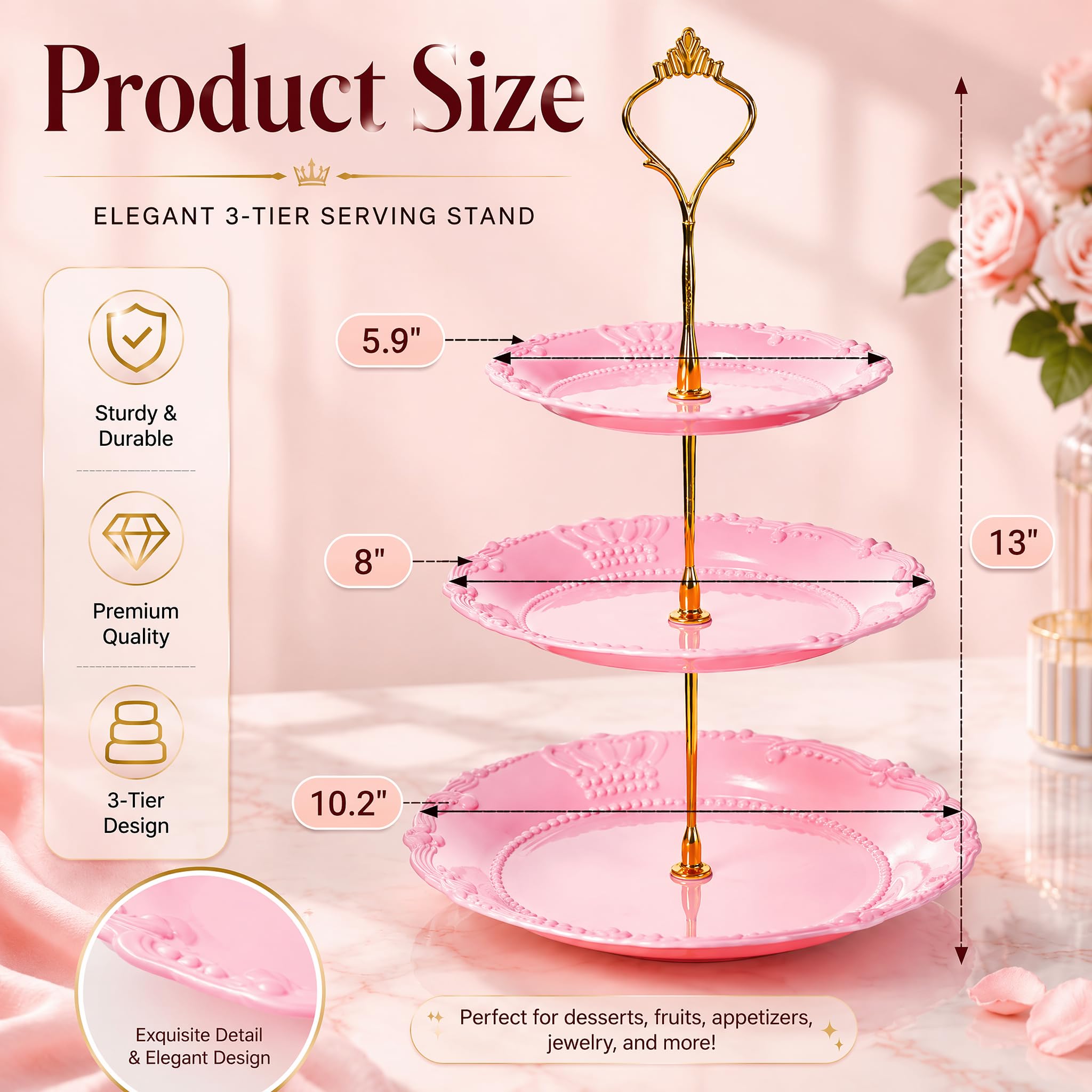 Fasmov 3-poziomowy plastikowy stojak na babeczki, talerze deserowe, ciasto, owoce, cukierki, wieża ekspozycyjna, wielokrotnego użytku, na ślub, urodziny, baby shower, herbatę, dekoracje imprezowe,