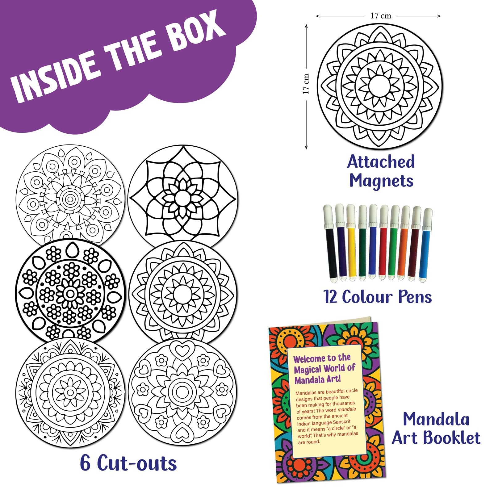 SparkLPlay DIY Mandala Art Kit for Kids. Coloring Set with - 6 Magnetic Cutouts,12 Color Pens & Booklet. Creative Art & Craft. Mess Free. Gifts for Kids.