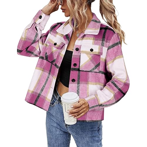 HOTOUCH Womens Flannels Fall Cropped Shacket Plaid Jacket Long Sleeve Button Down Coat 2025 Fall Fashion Trendy Outfits