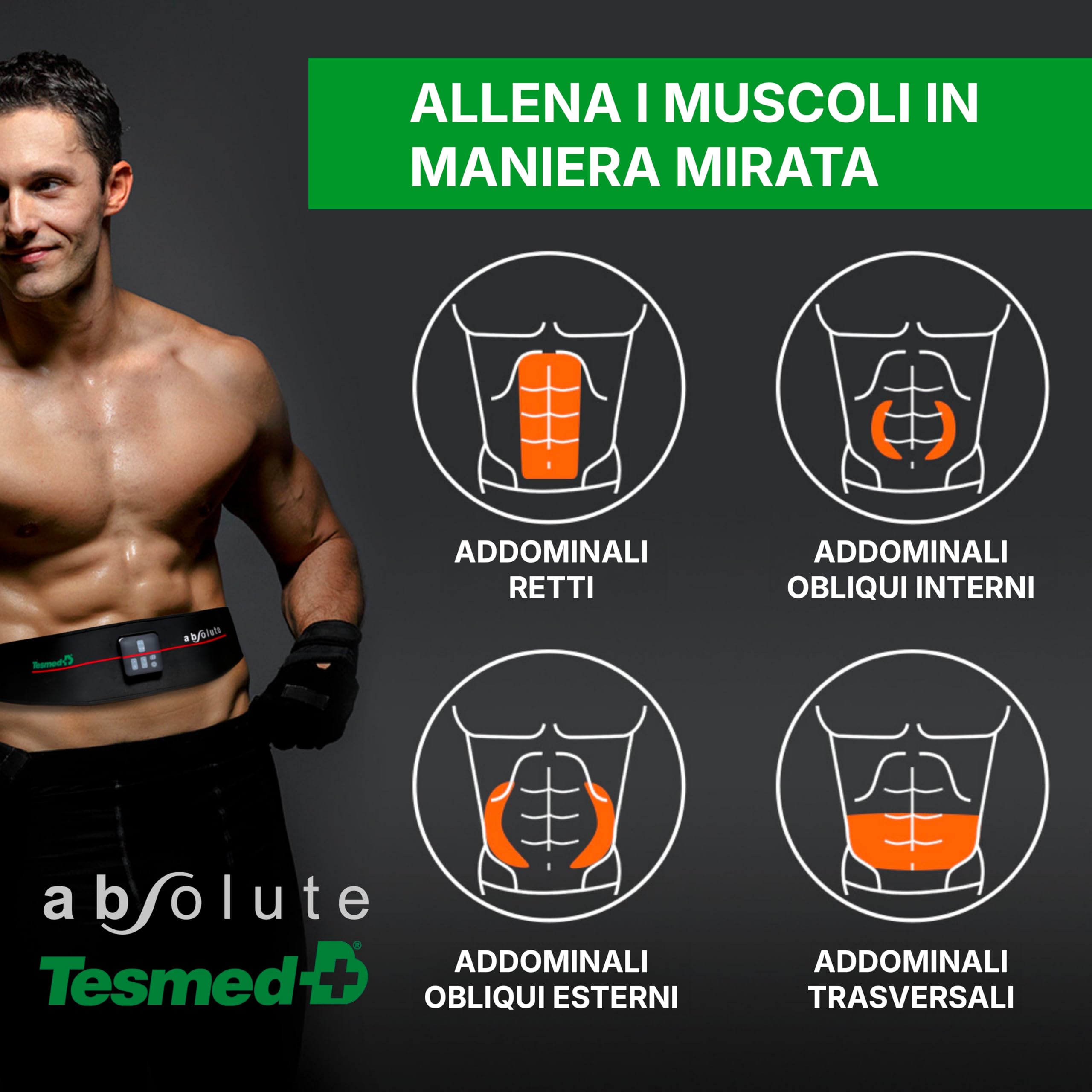 TESMED Absolute: Cintura Addominale EMS, Elettrostimolatore per Addominali Centrali e Laterali – Ricaricabile, 99 Intensità – Allenamento e Tonificazione Muscolare – Made in Italy
