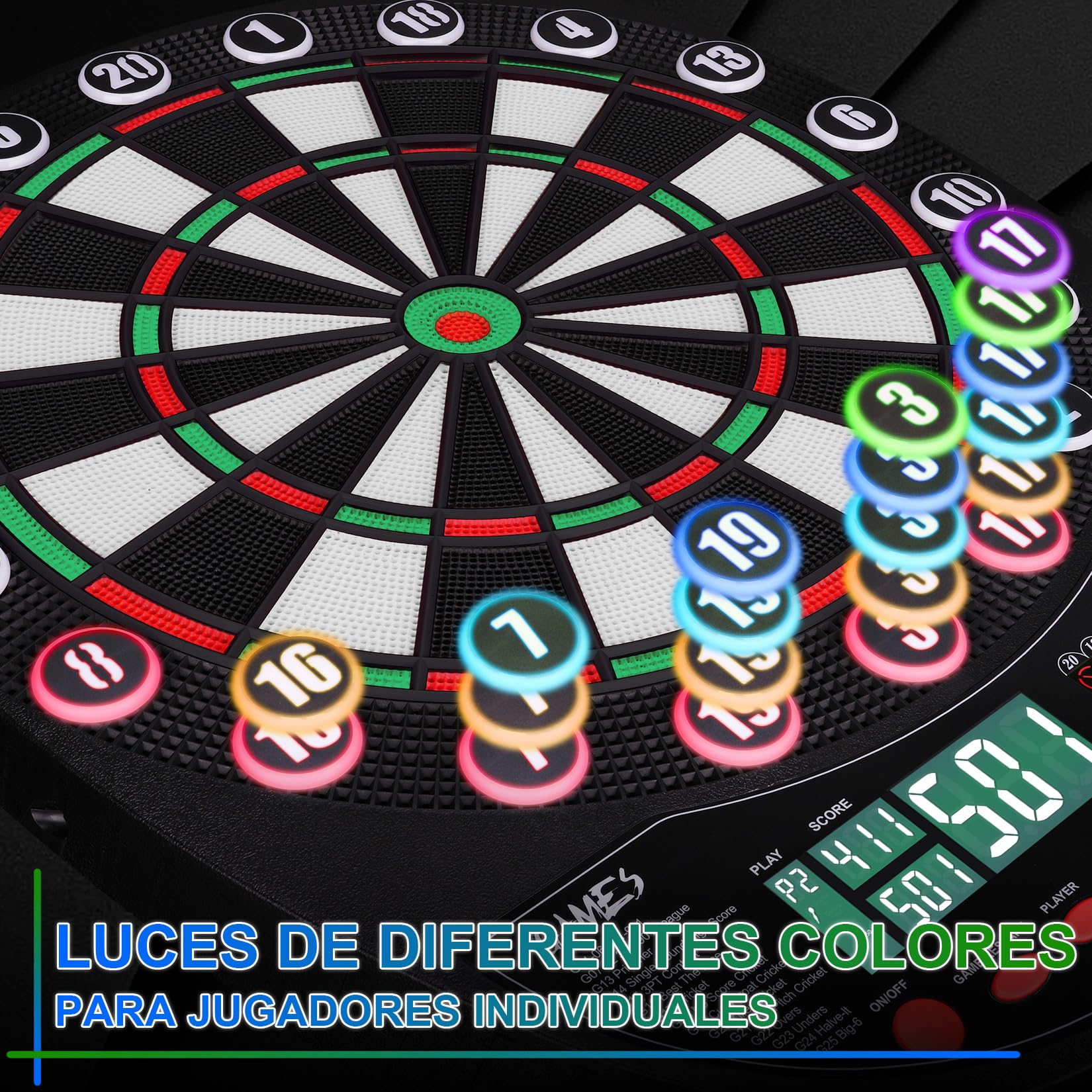 WIN.MAX Juego de Diana Electrónica Profesional 34 Juegos 354 Variantes 3 Idiomas Verde Rojo con Luces
