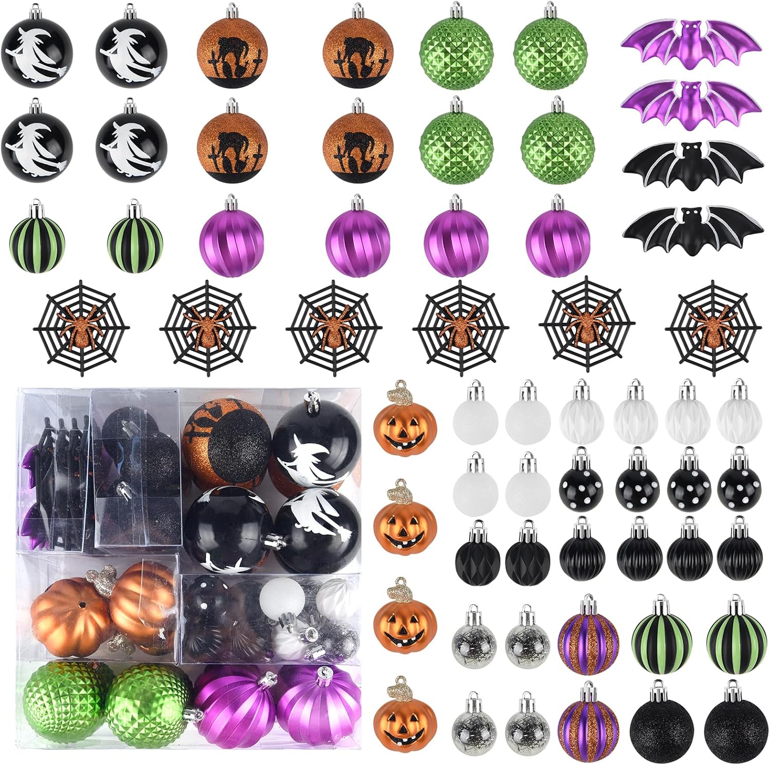 62Pcs Halloween Hanging Ball Ornaments, Ornaments Tree Decorations, Shatterproof Plastic Balls for Cute Holiday Party Indoor Home Decor (62Pack)