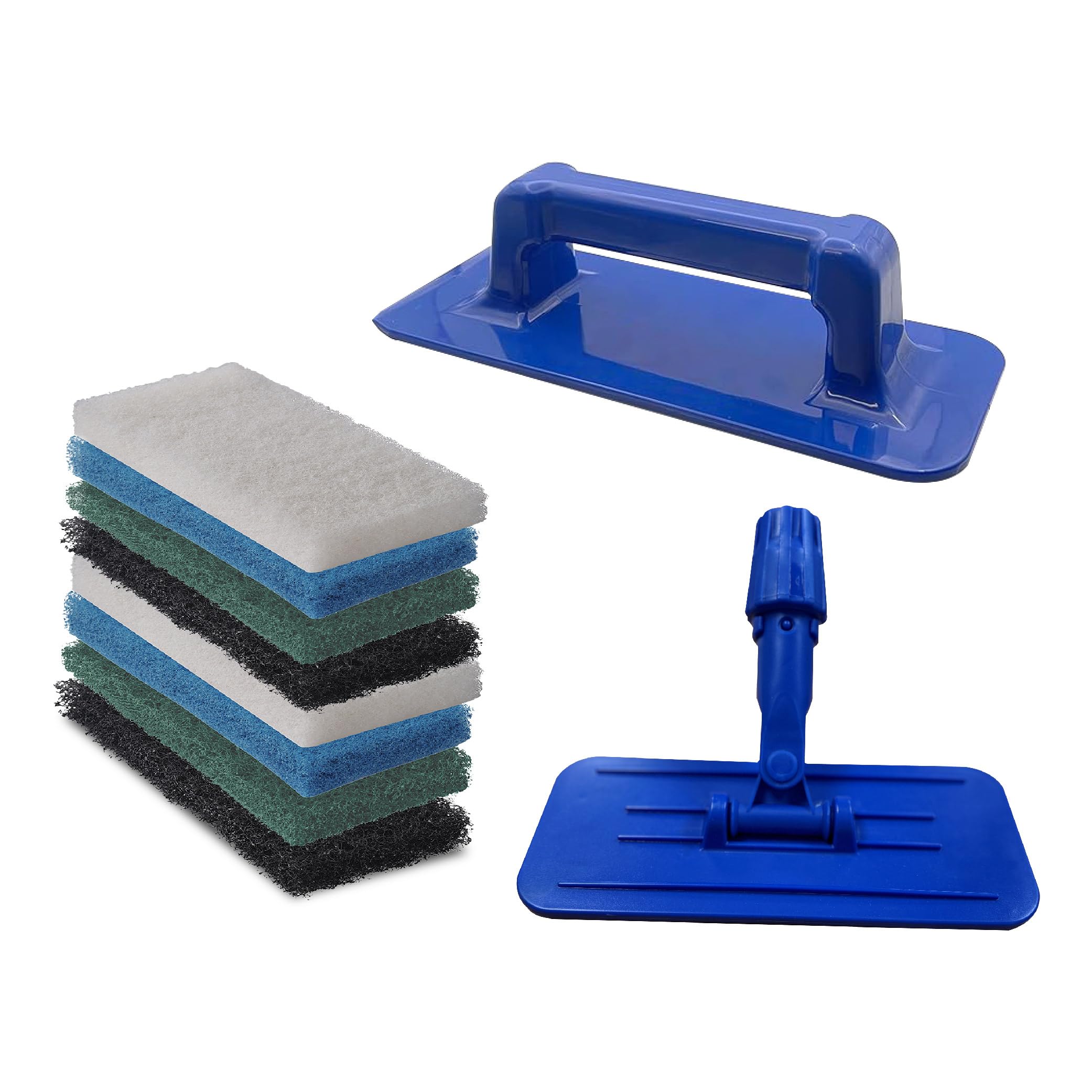 Scrub Doctor 8-Pack of 10 x 4.5 x 1 in. Assorted Large Scrub Pads with Pole Adapter and Handheld Scrub Pad Holder, Set of Light to Strongly Abrasive